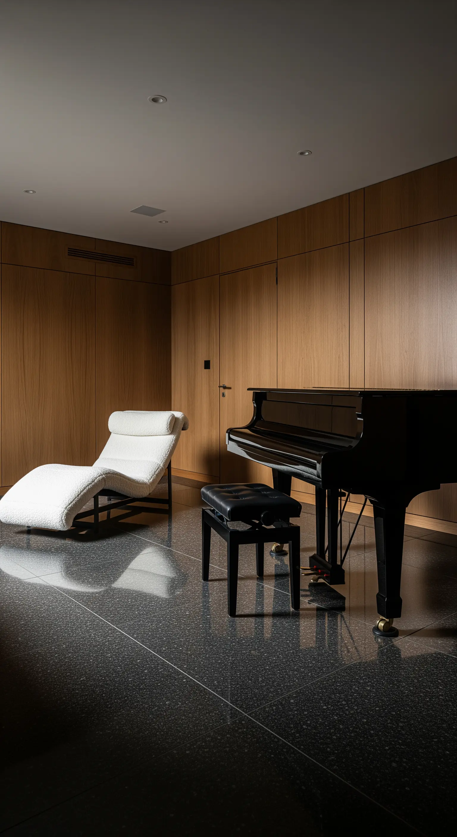 Schwarzer Flügel und weiße Liege in holzgetäfeltem Raum