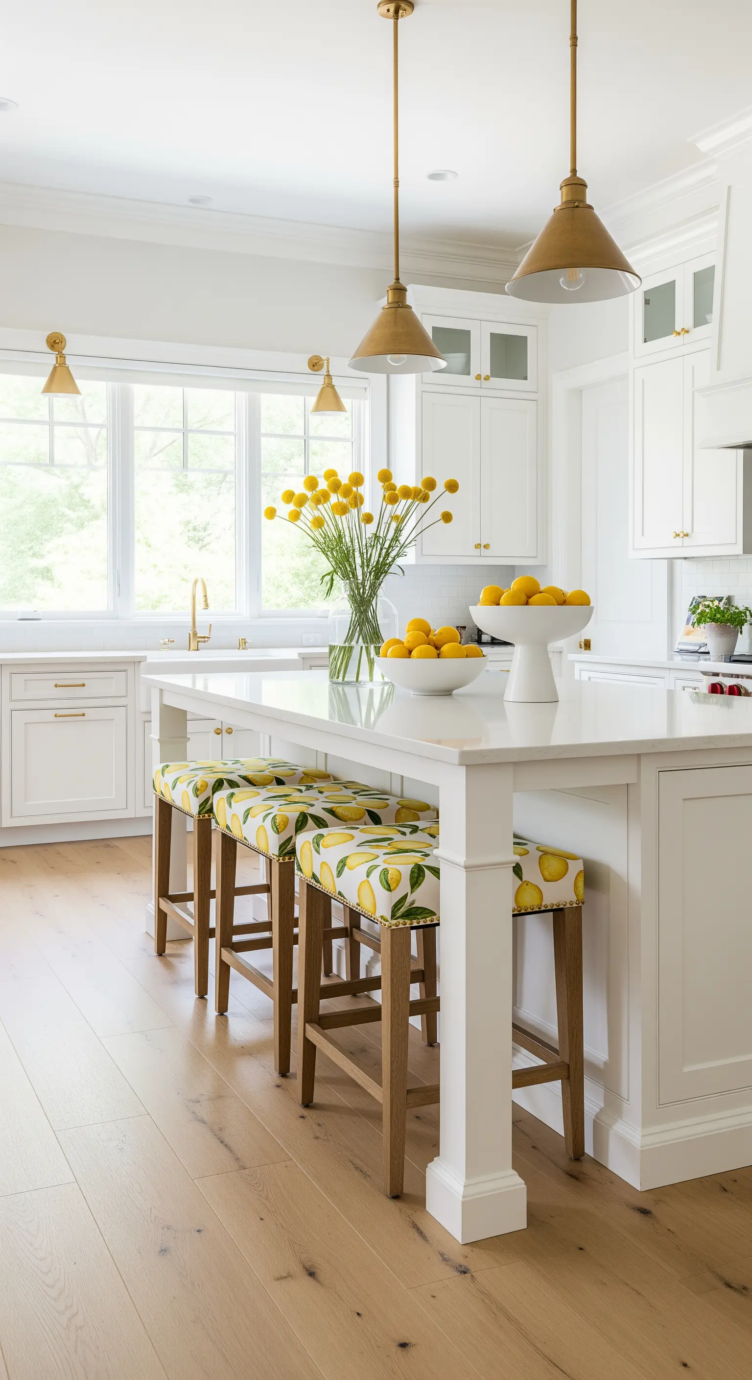 Weiße Kücheninsel mit Barhockern im Zitronenmuster