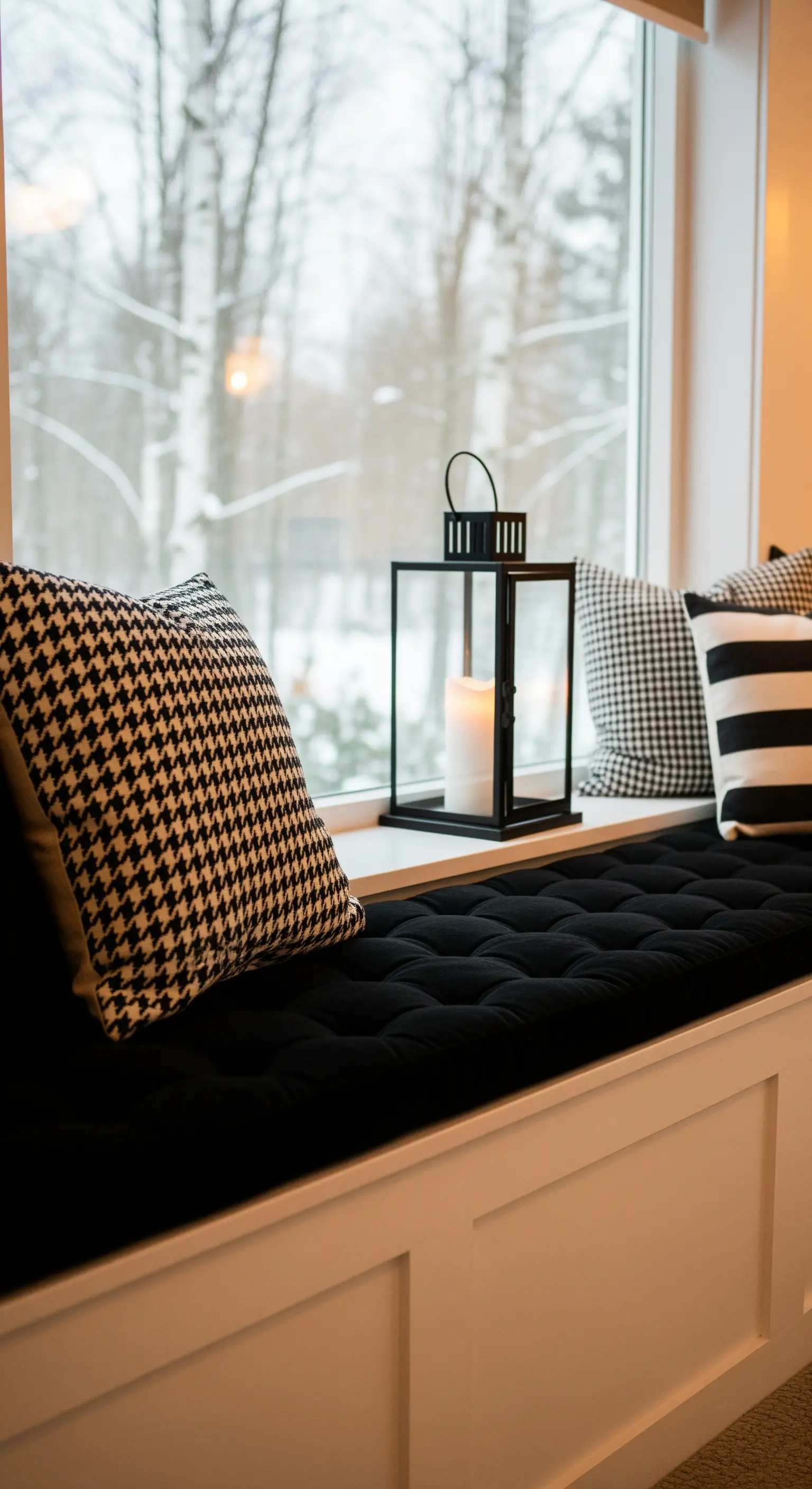 Fenstersitzbank mit schwarz-weiß gemusterten Kissen und schwarzer Laterne