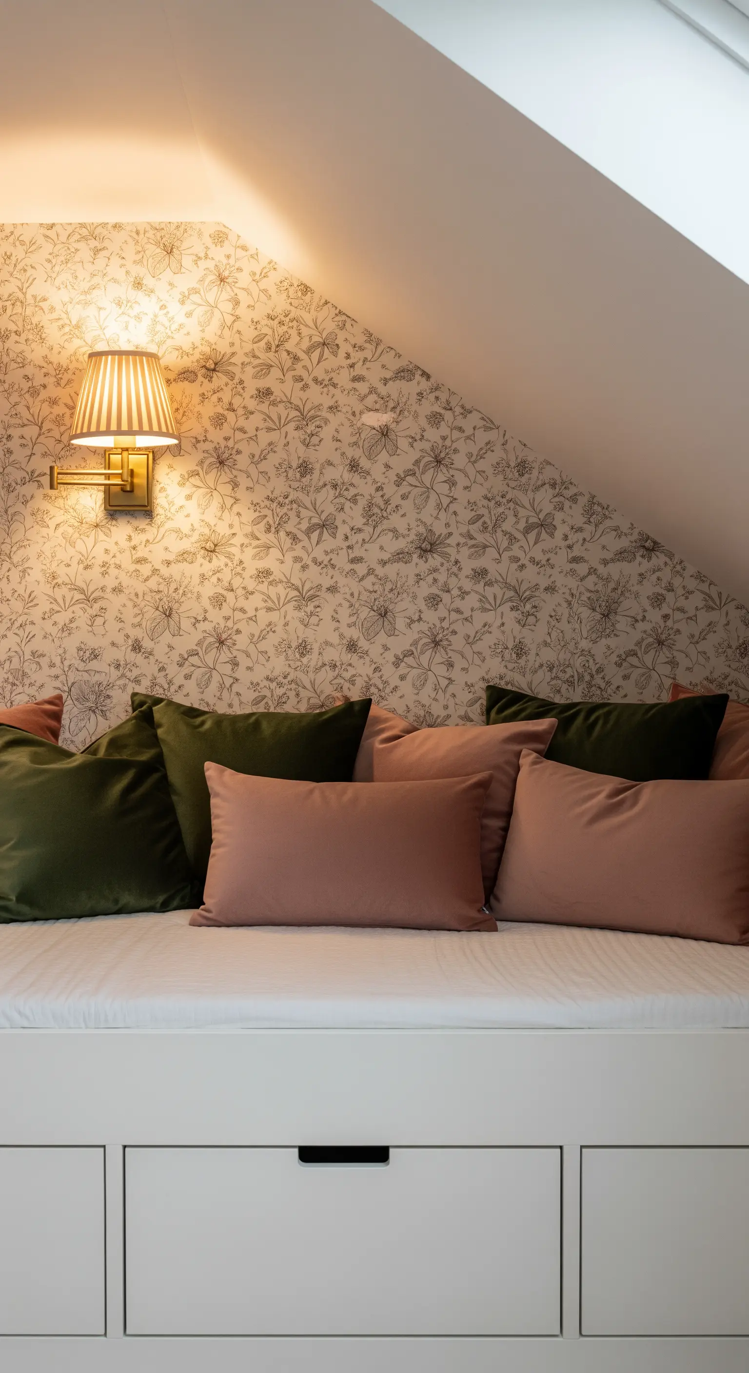 Gemütliche Bettnische unter Dachschräge mit Blümchentapete