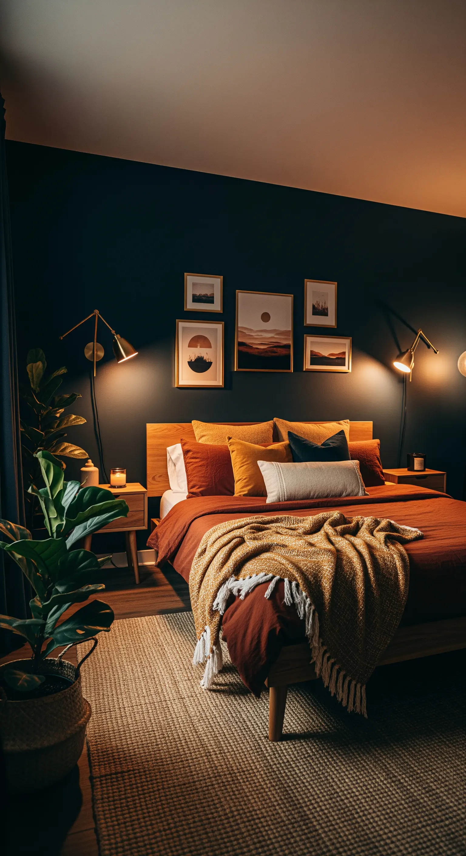 Schlafzimmer mit dunkelblauer Wand und Wandleuchten