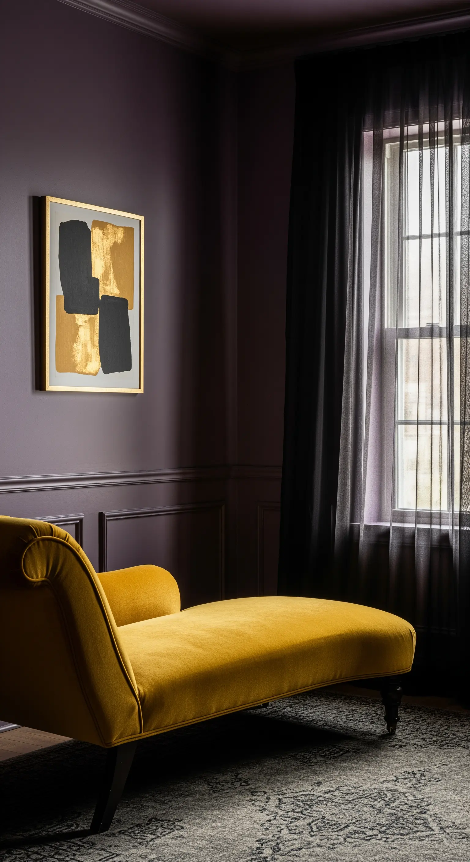 Violetter Raum mit gelber Chaiselongue und Kunstwerk