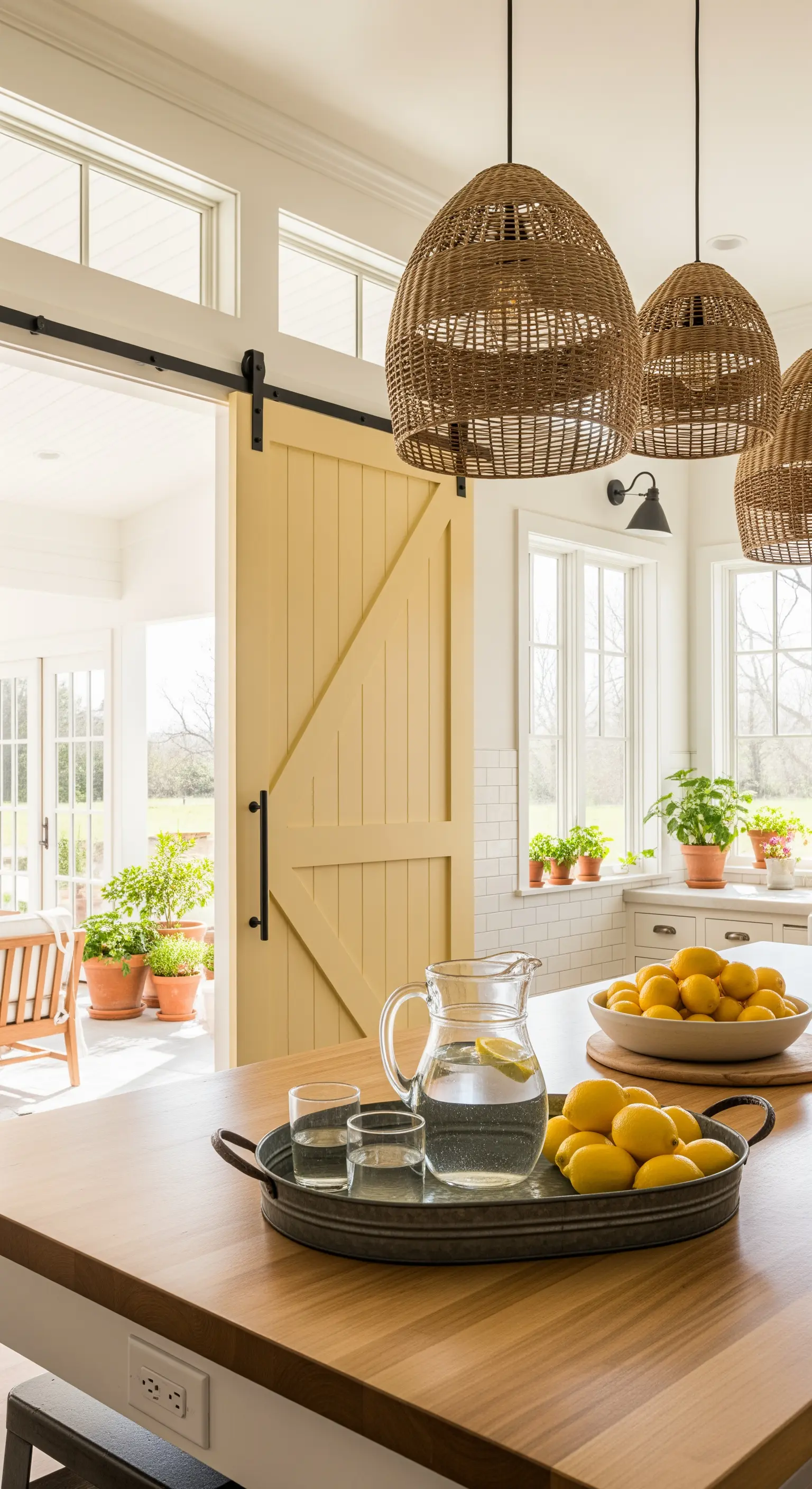 Gelbe Schiebetür und Rattanlampen in heller Küche