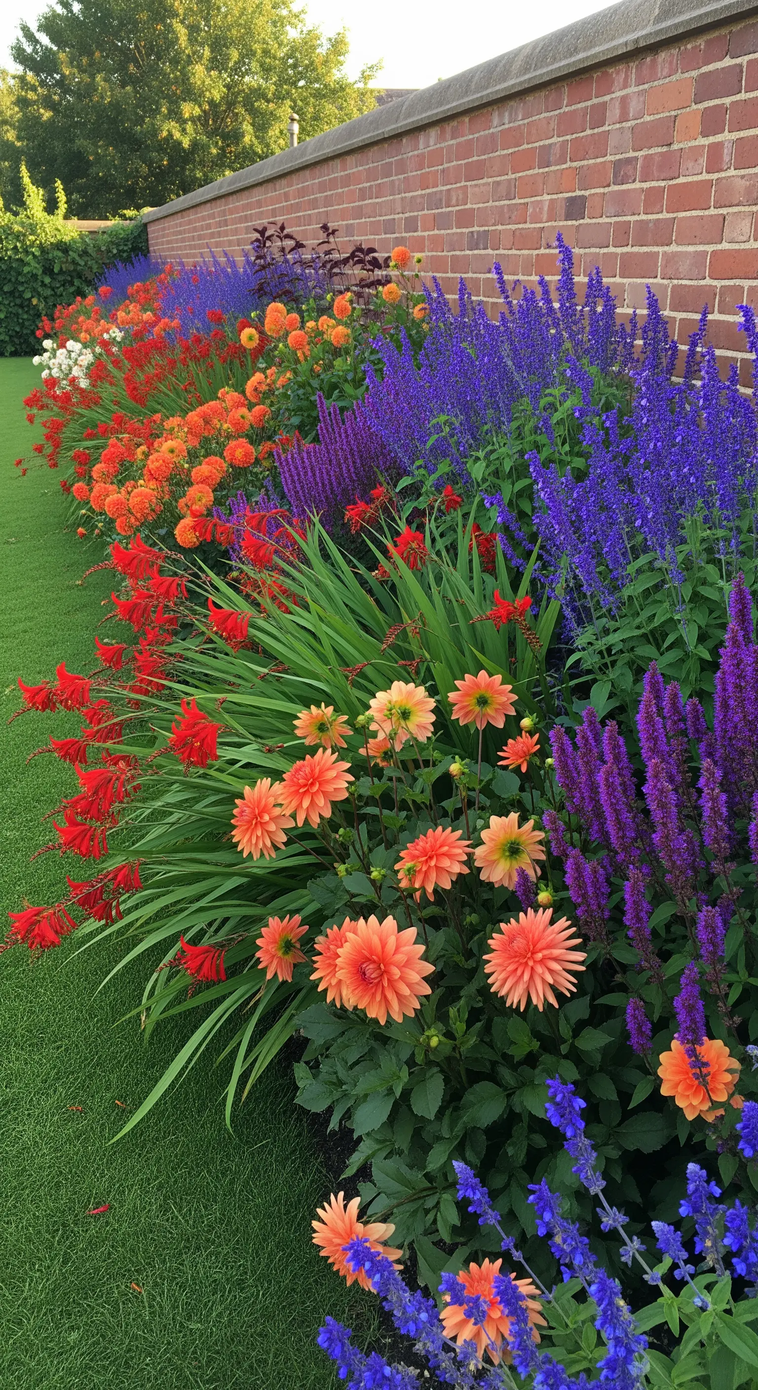 Beet mit orangen Montbretien und violettem Salbei vor Ziegelmauer