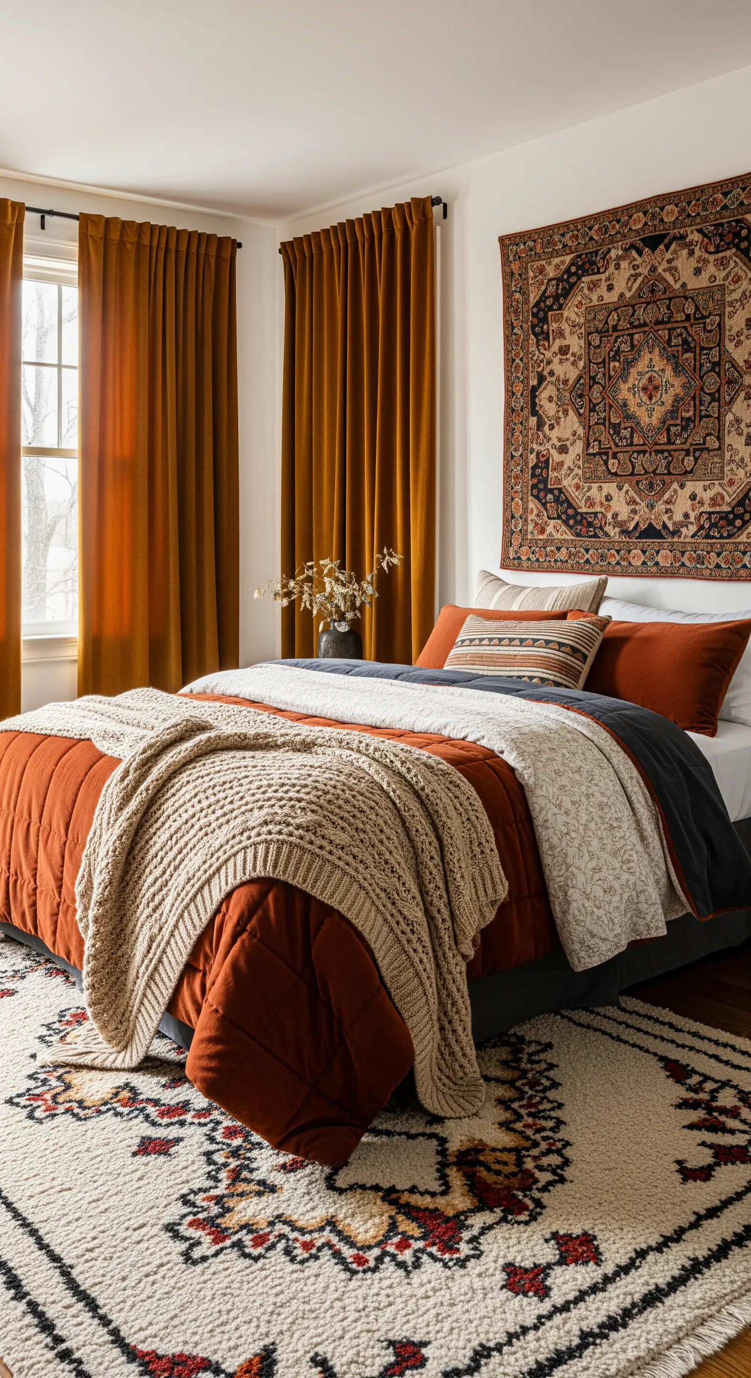 Schlafzimmer mit rostbraunen Vorhängen und passender Bettwäsche