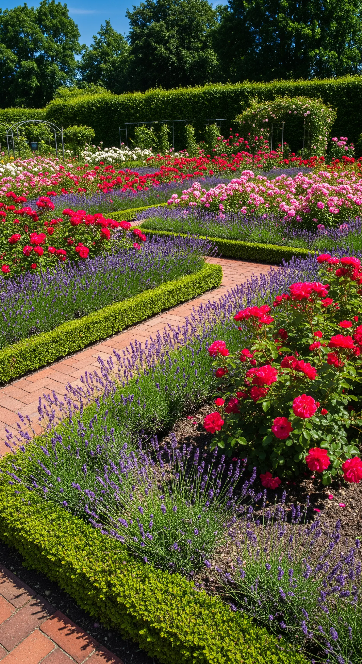 Beet mit roten Rosen und Lavendel, eingefasst von Buchsbaum