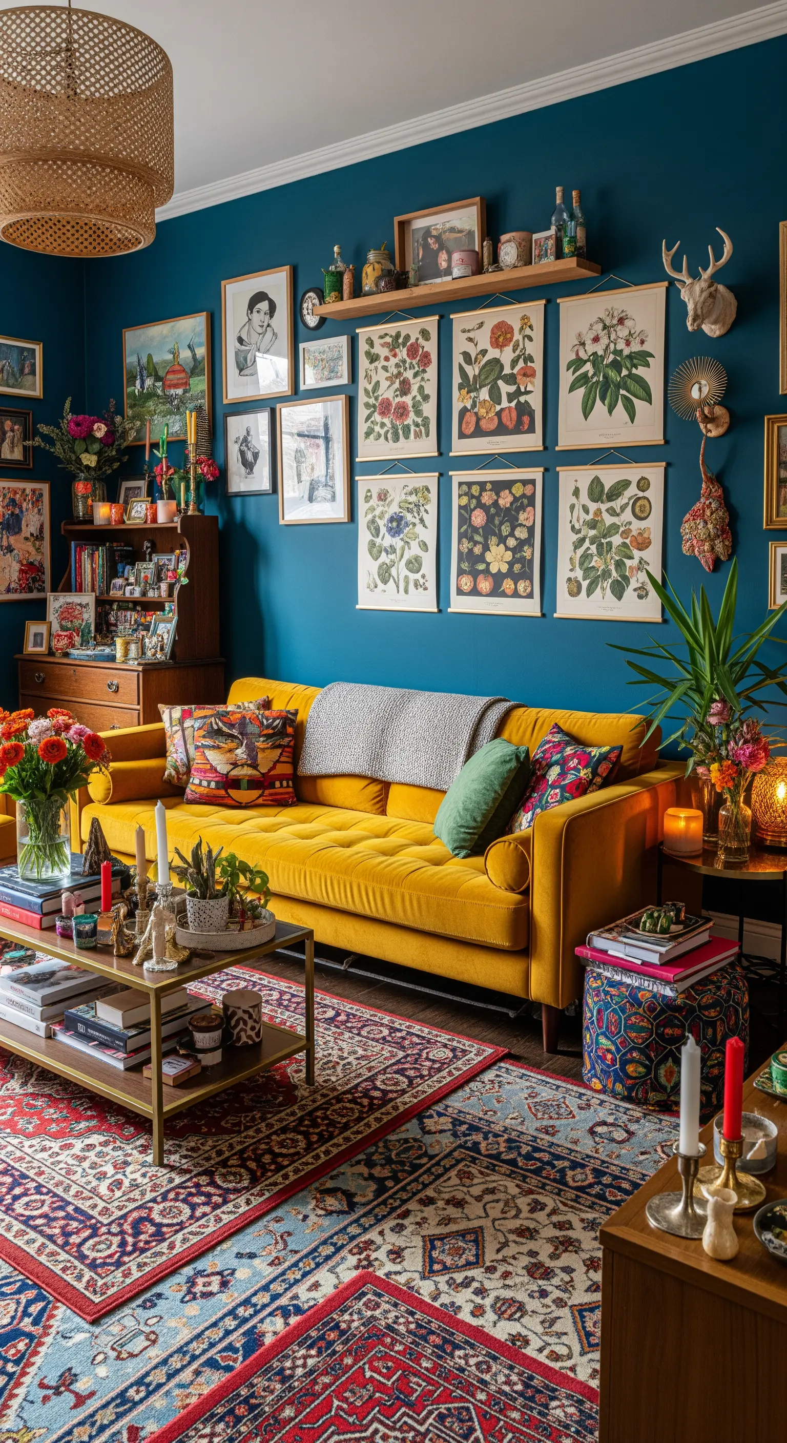 Senfgelbes Sofa vor blauer Wand mit Bildergalerie