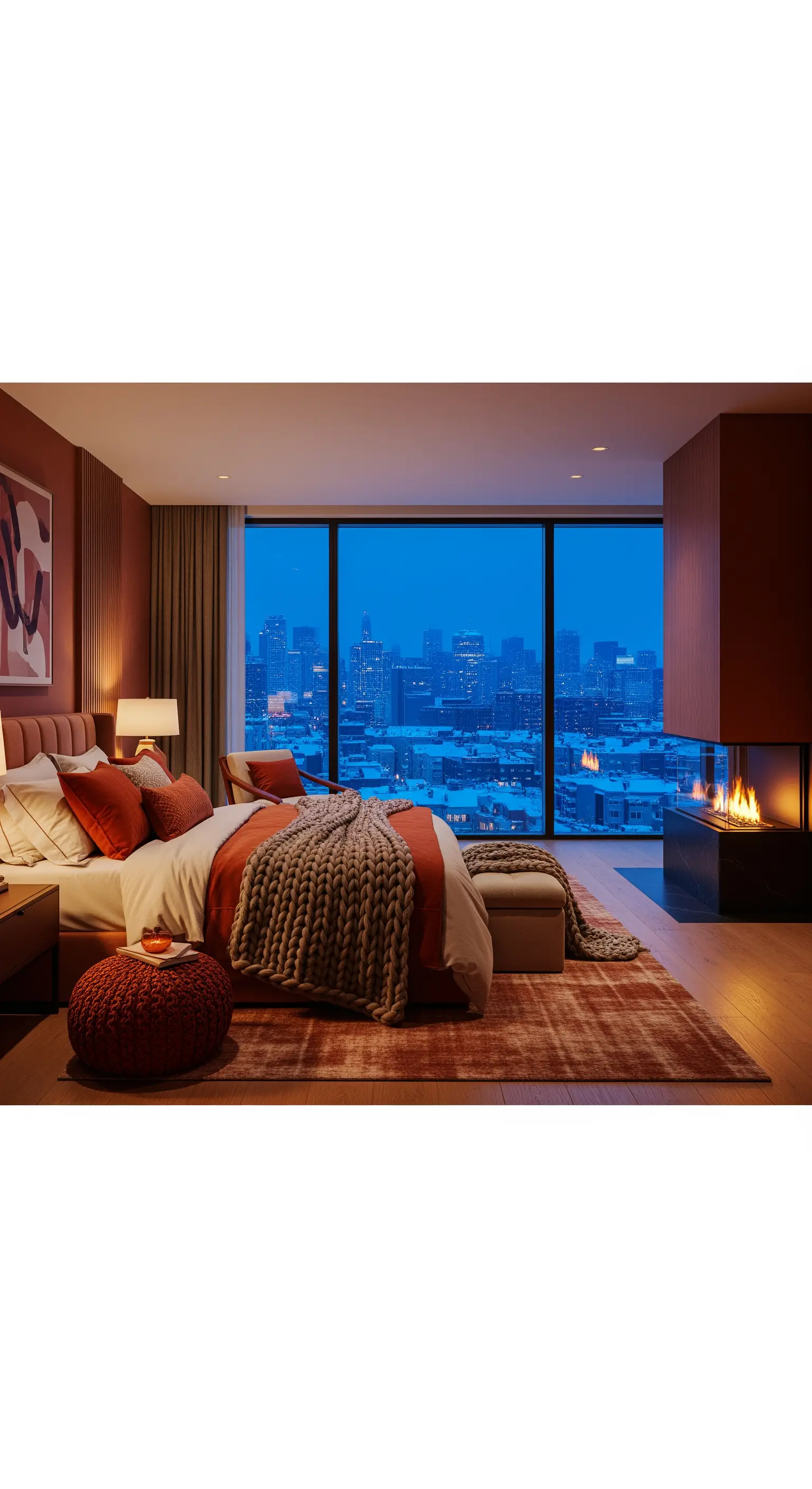 Schlafzimmer mit rostfarbenen Akzenten und modernem Glaskamin