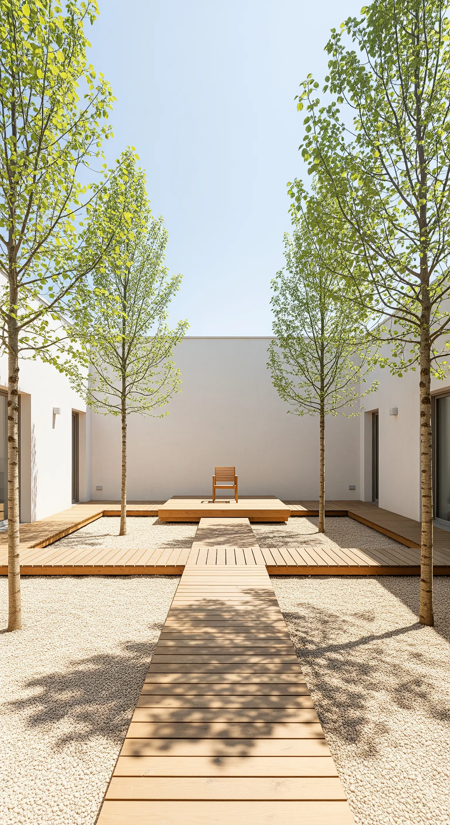 Einzelner Holzstuhl auf Podest in minimalistischem Innenhof