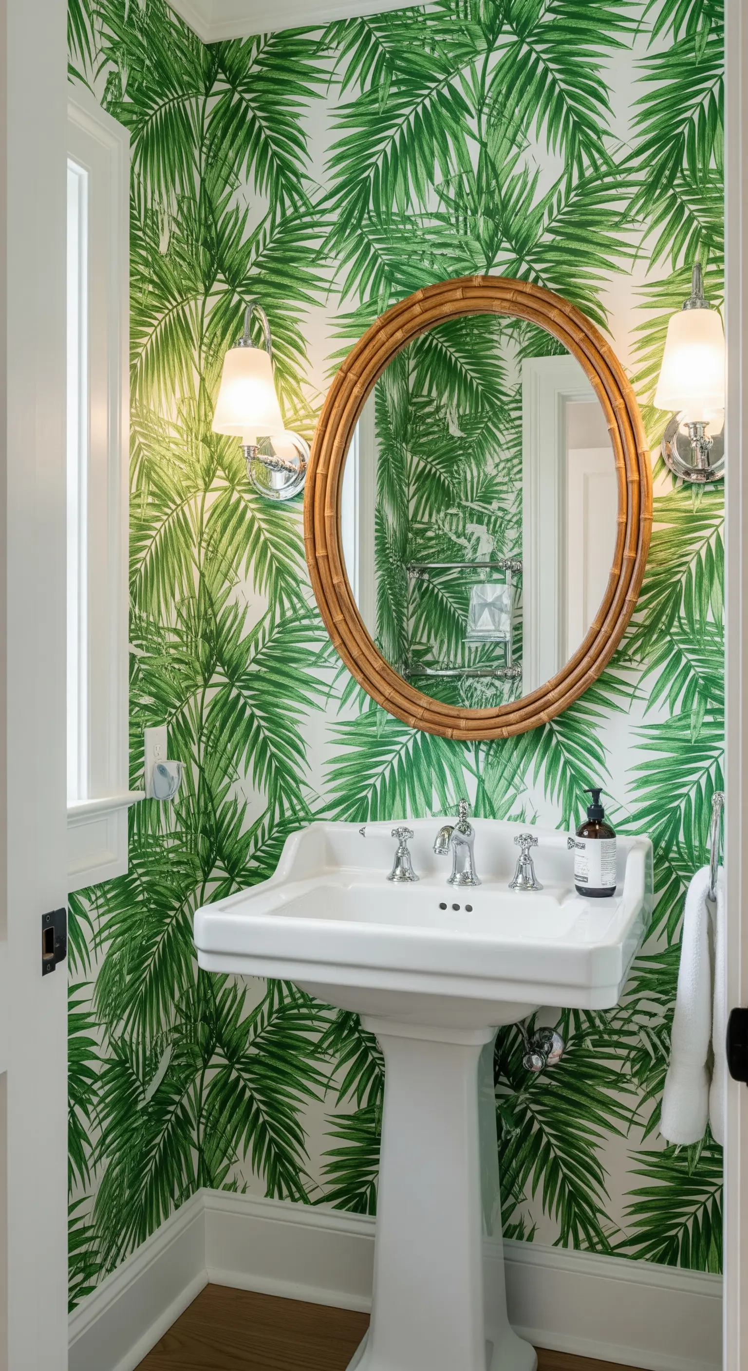 Gäste-WC mit Palmen-Tapete und Bambusspiegel