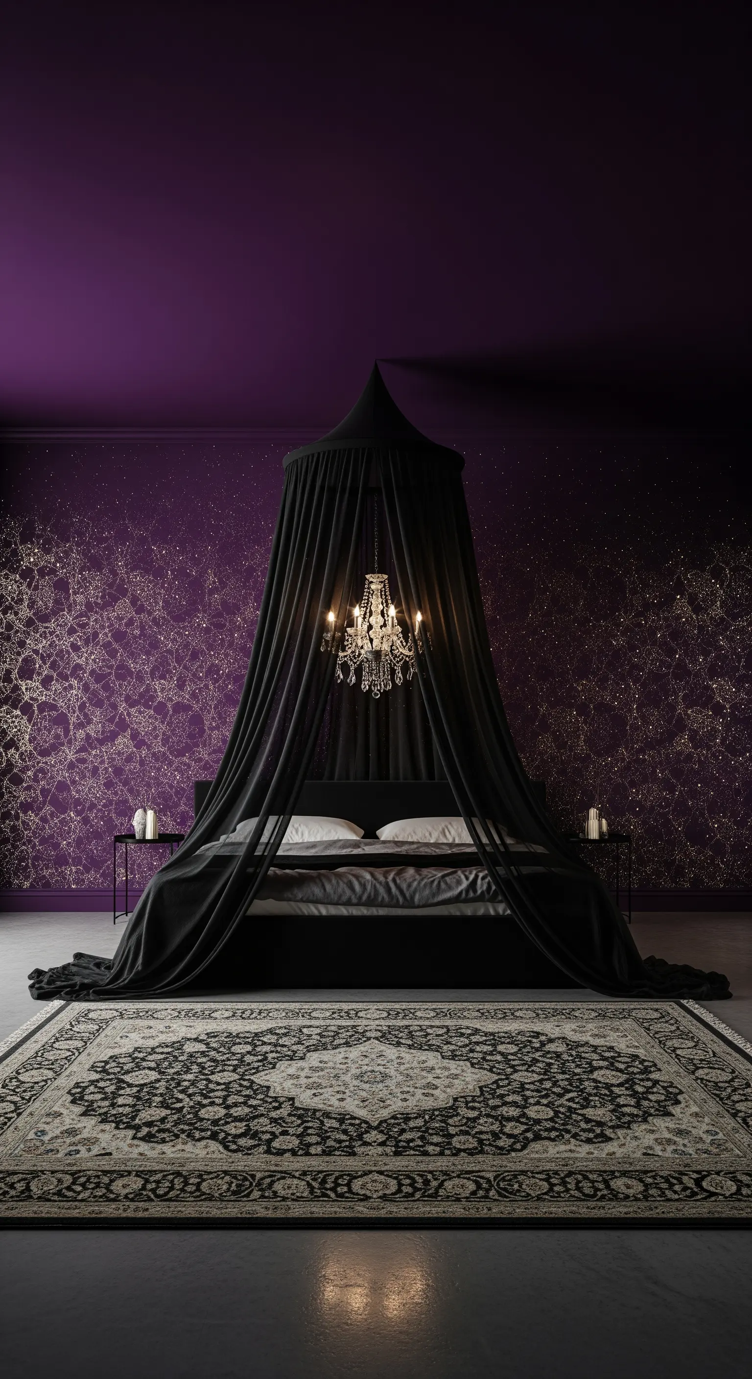 Lila Goldtapete mit schwarzem transparentem Betthimmel