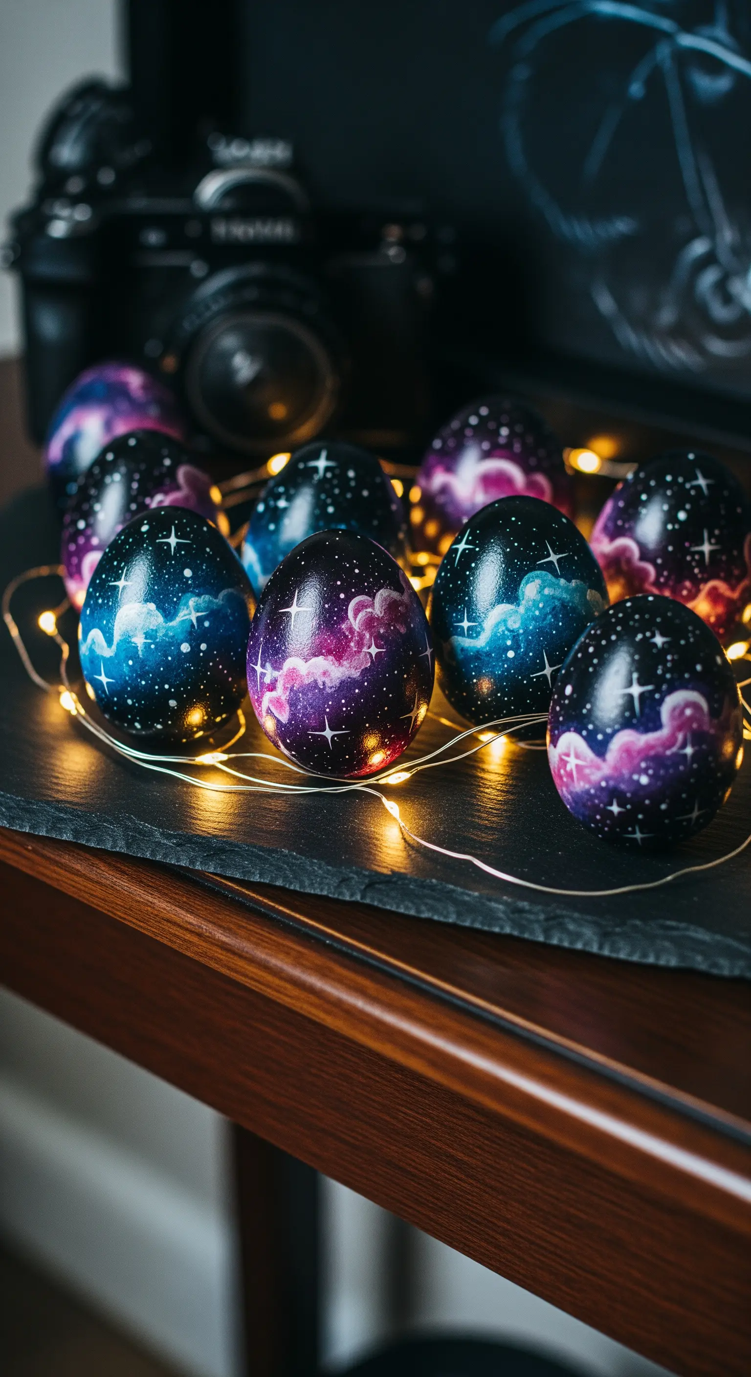 Dunkle Ostereier mit Galaxie-Bemalung und Lichterkette