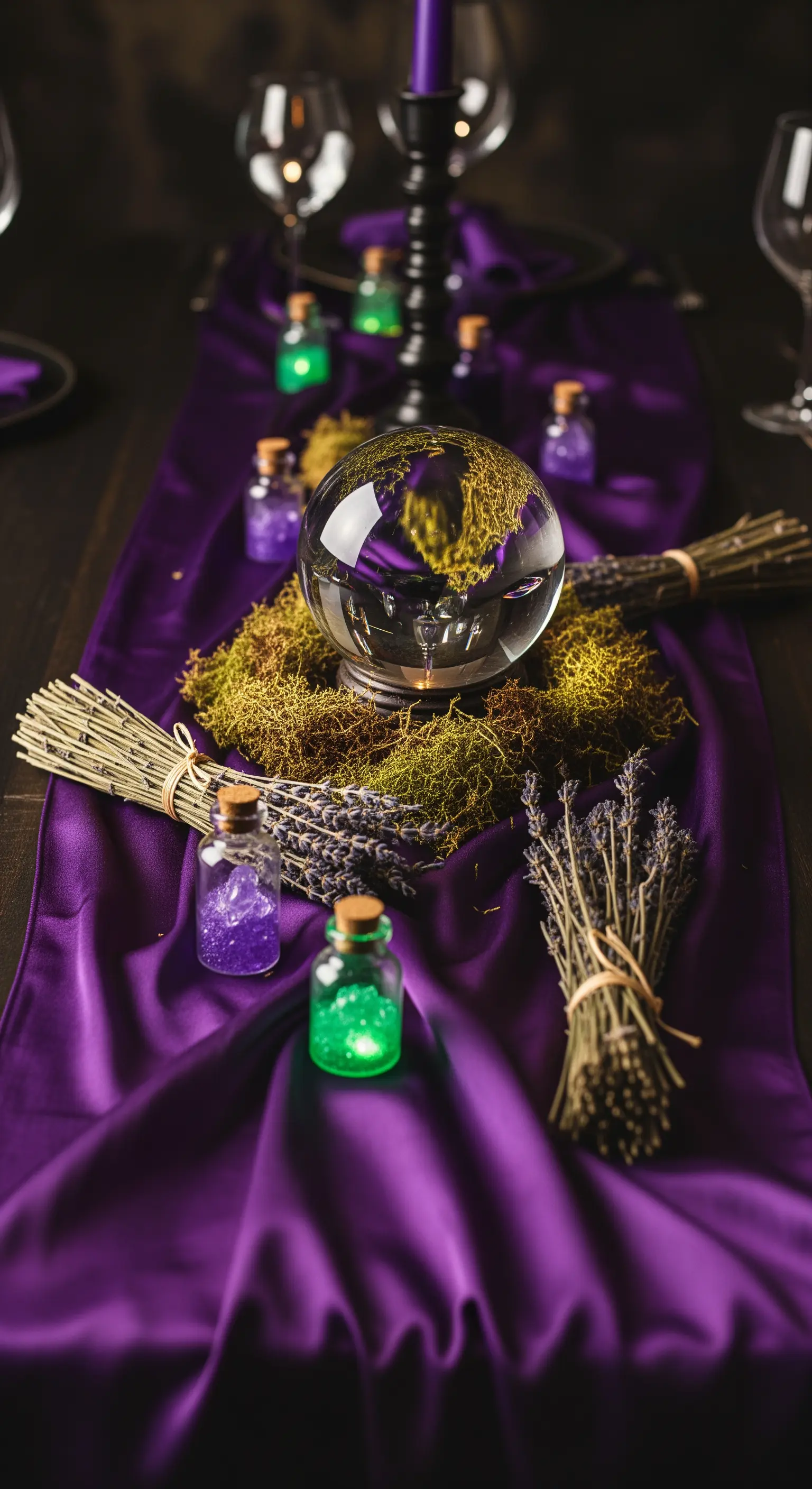 Kristallkugel, lila Tischläufer und kleine Zaubertrank-Flaschen