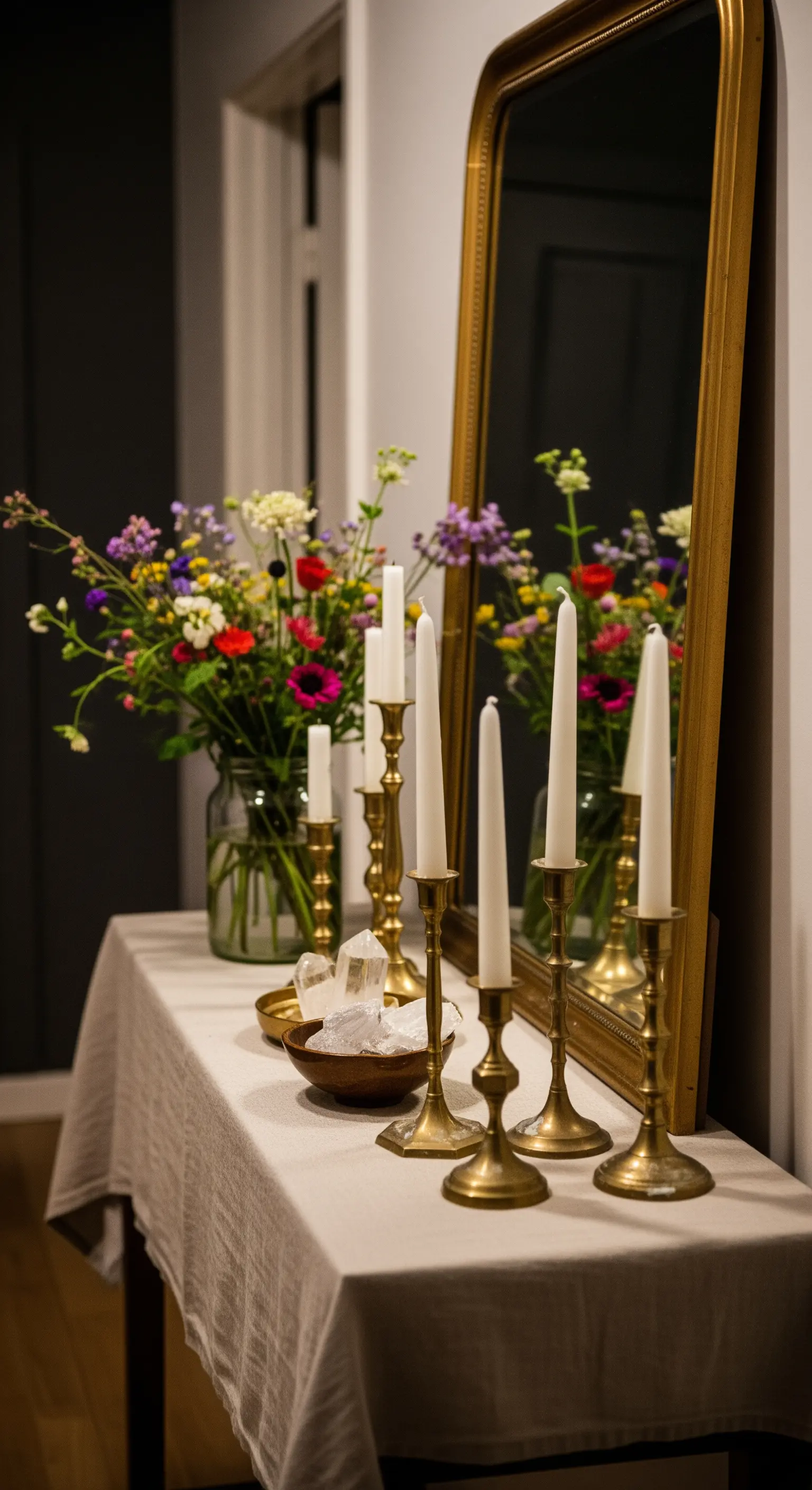 Konsolentisch mit Kerzen, Kristallen und Goldspiegel