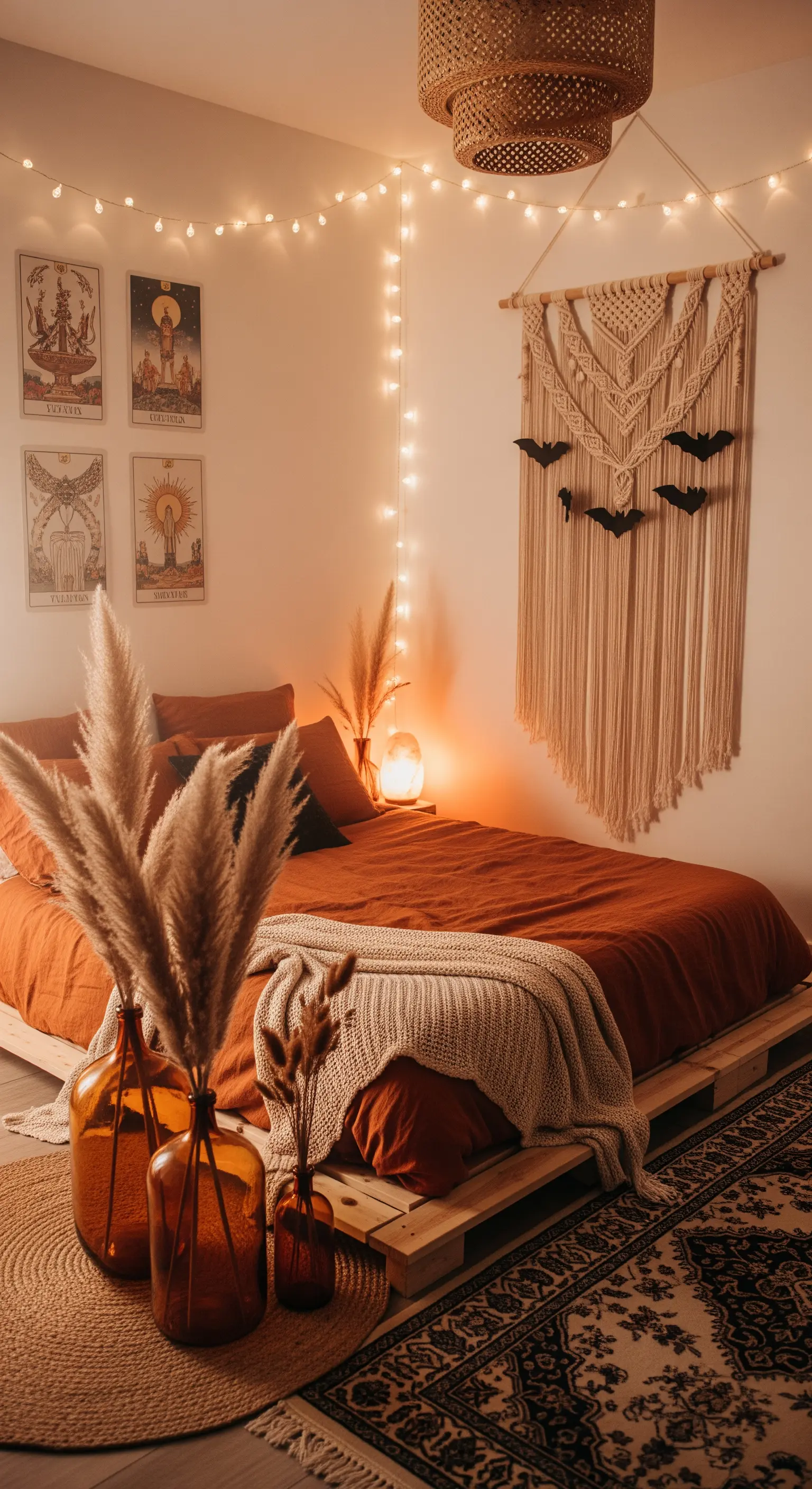 Boho Schlafzimmer mit Lichterketten und Tarot-Wandkunst
