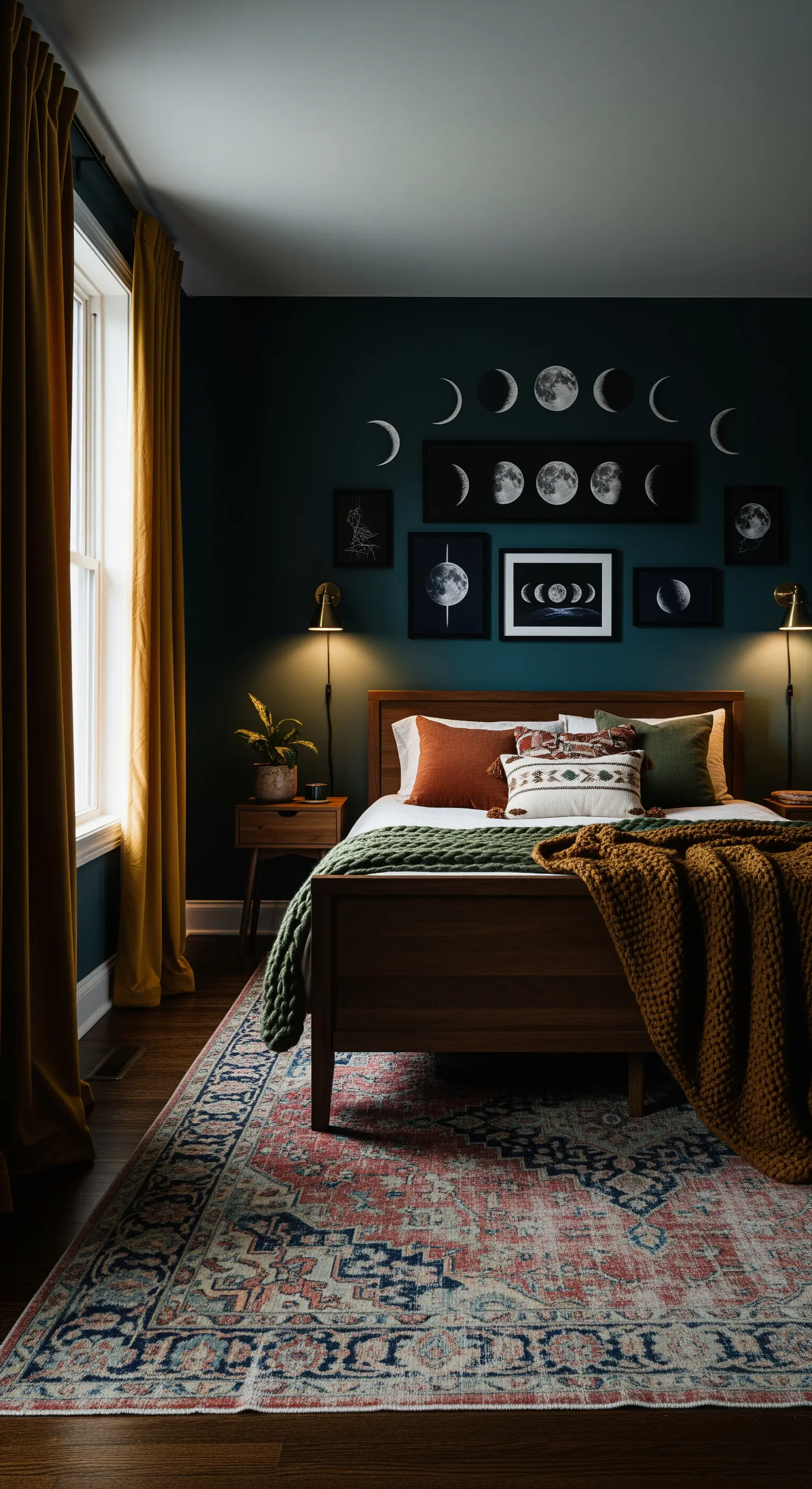 Dunkles Boho Schlafzimmer Mondphasen Deko