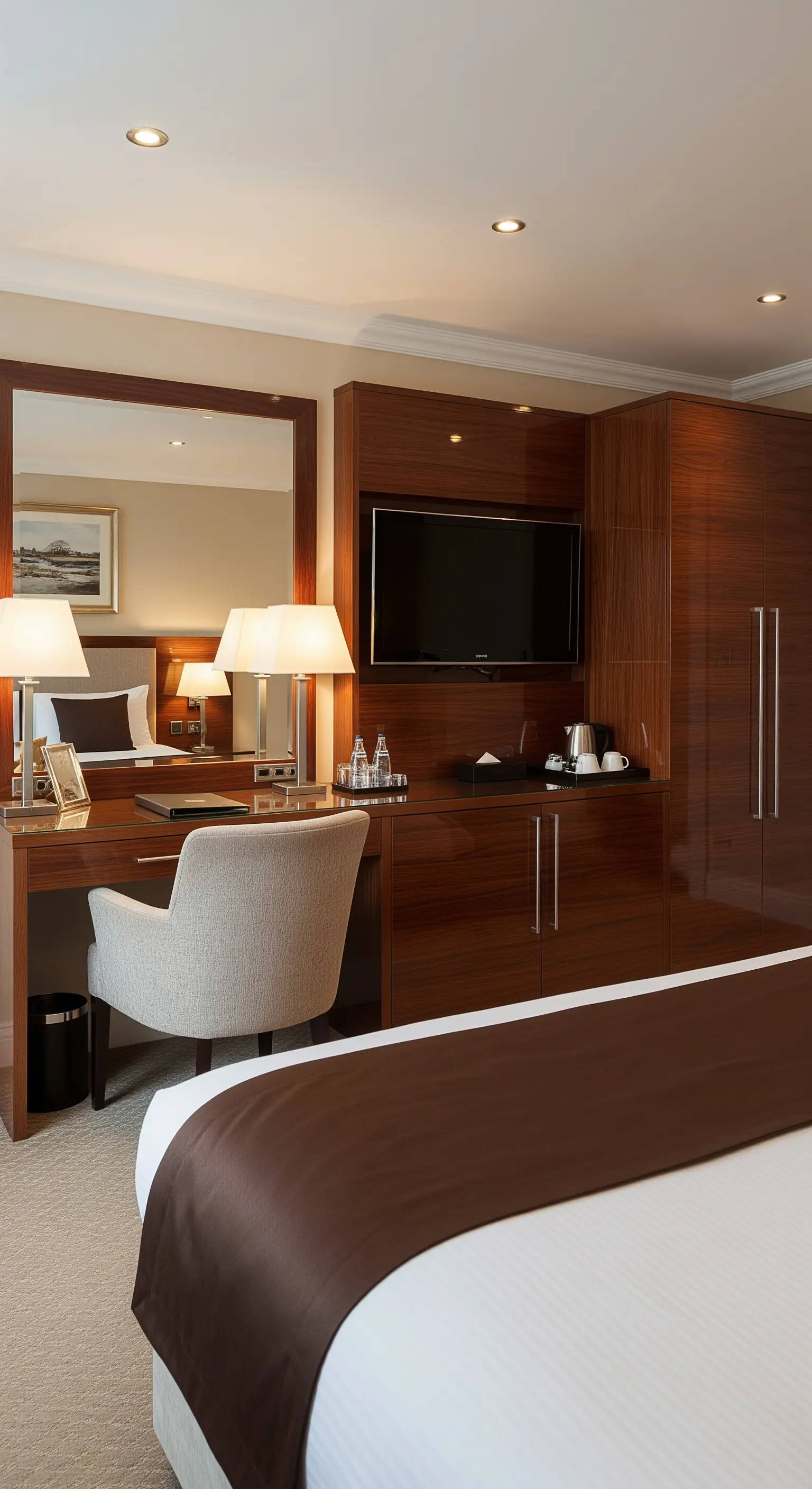 In dunkle Holzschrankwand integrierter Schminktisch