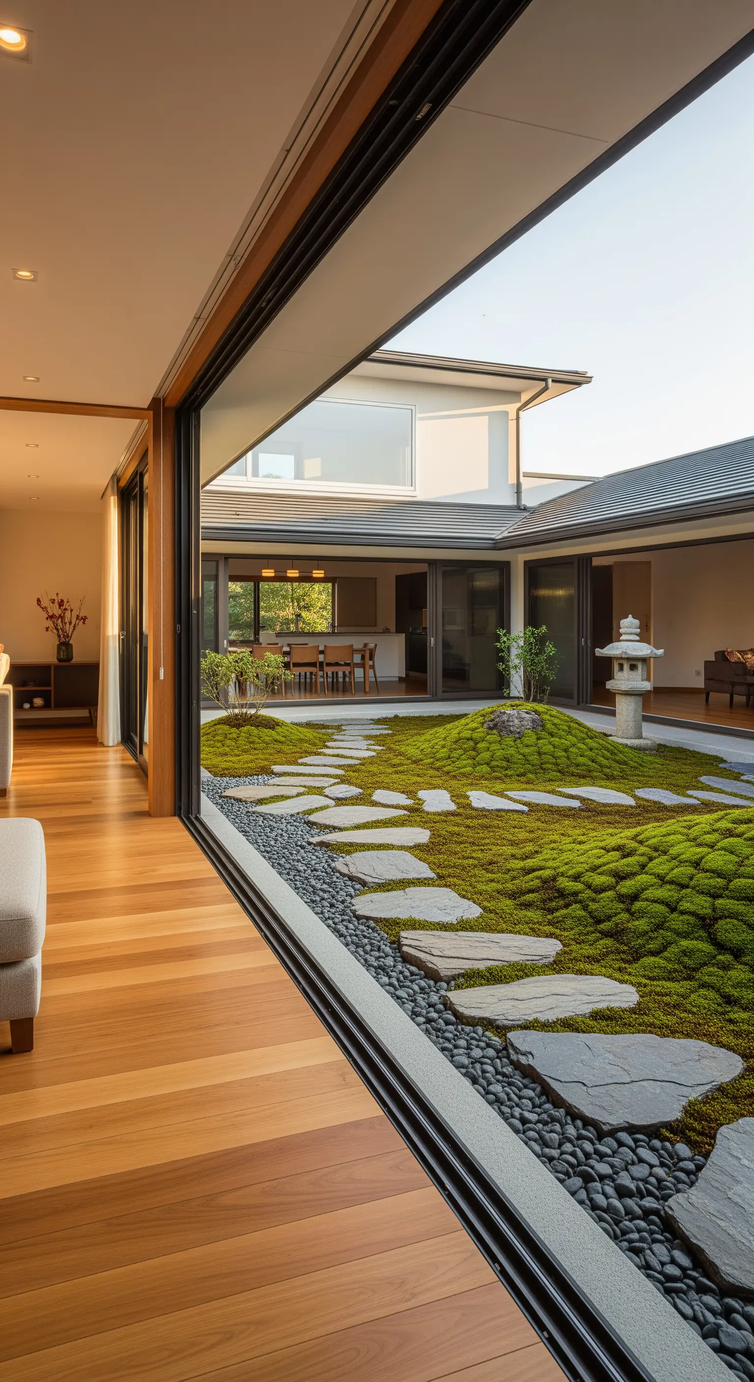 Offene Schiebetür zum Japandi-Garten mit Moos und Trittsteinen