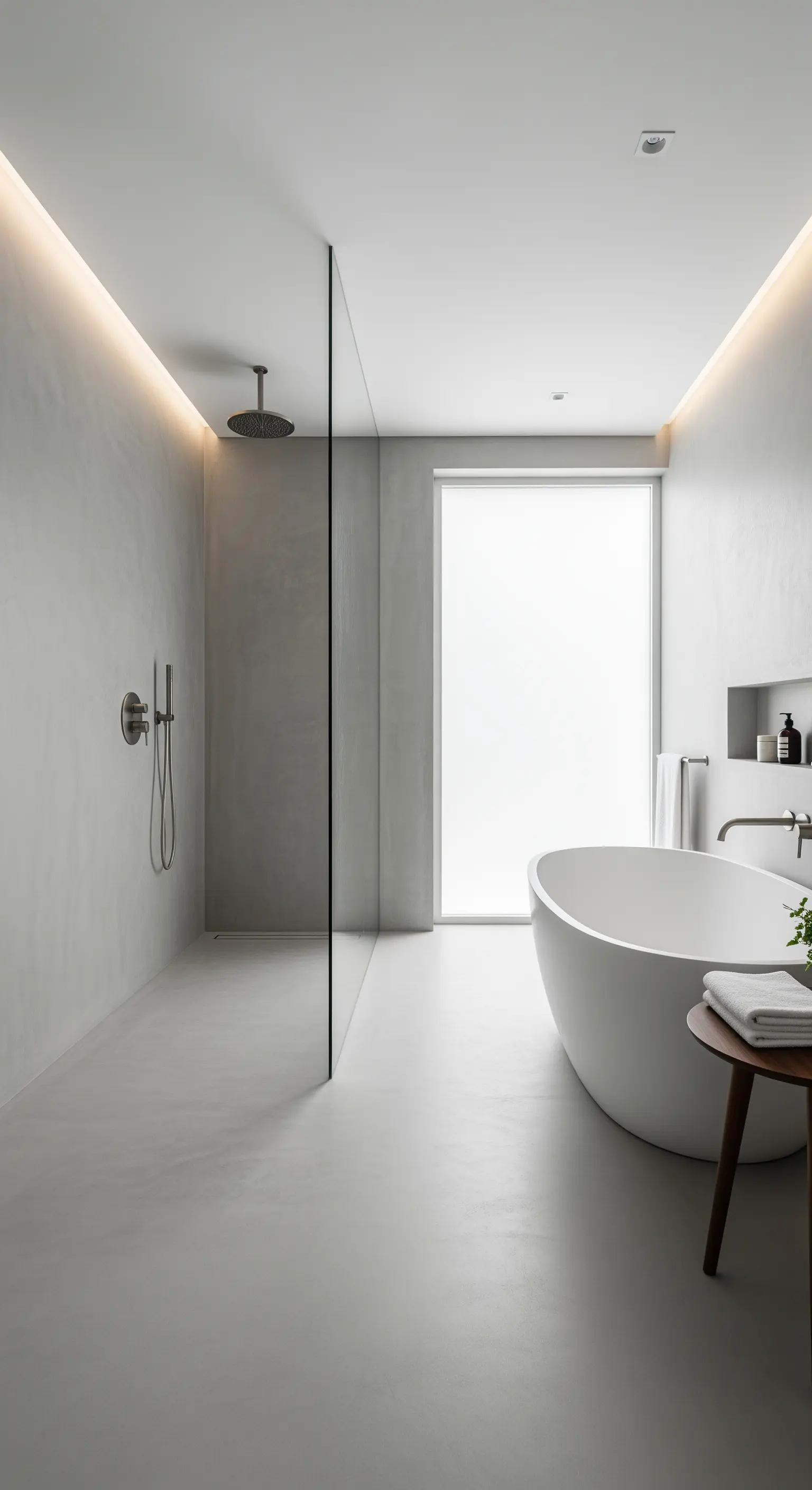 Fugenloses Bad mit Glaswand und freistehender Wanne