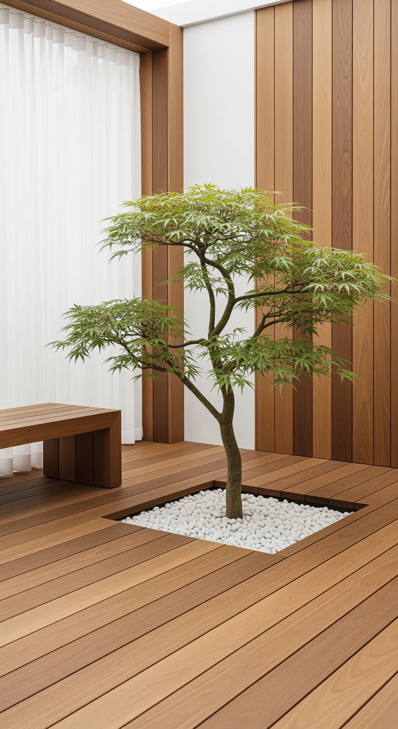 Japanischer Ahorn wächst aus einer Aussparung im Holzdeck mit weißen Steinen