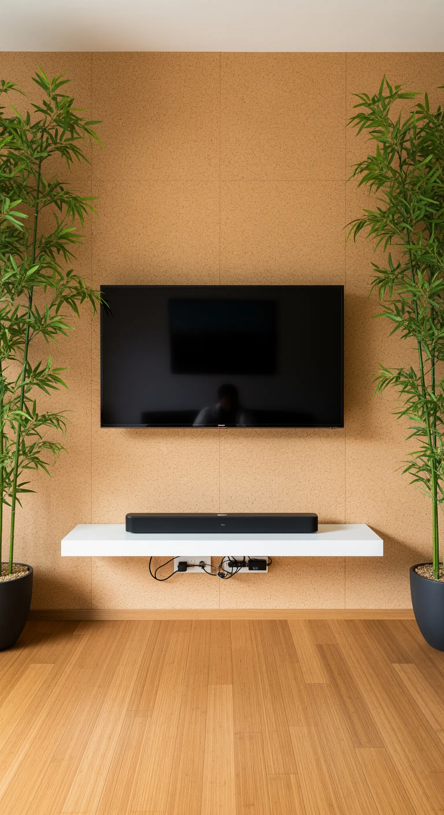 Korkwand hinter TV mit großen Grünpflanzen