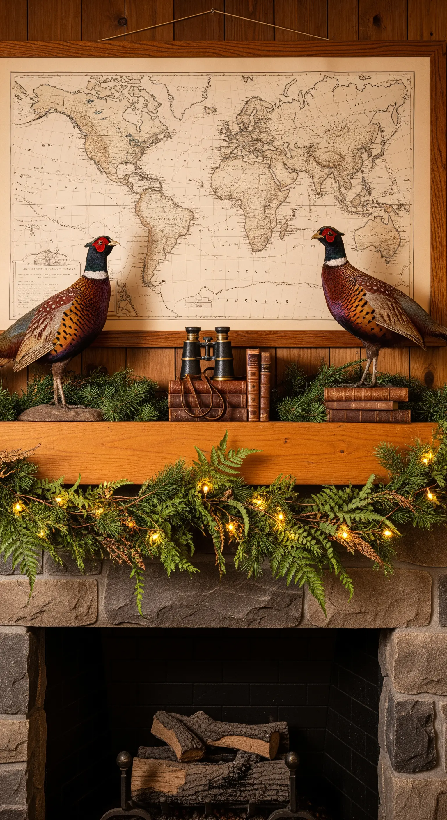 Kamin mit Fasanen-Präparaten und alter Weltkarte