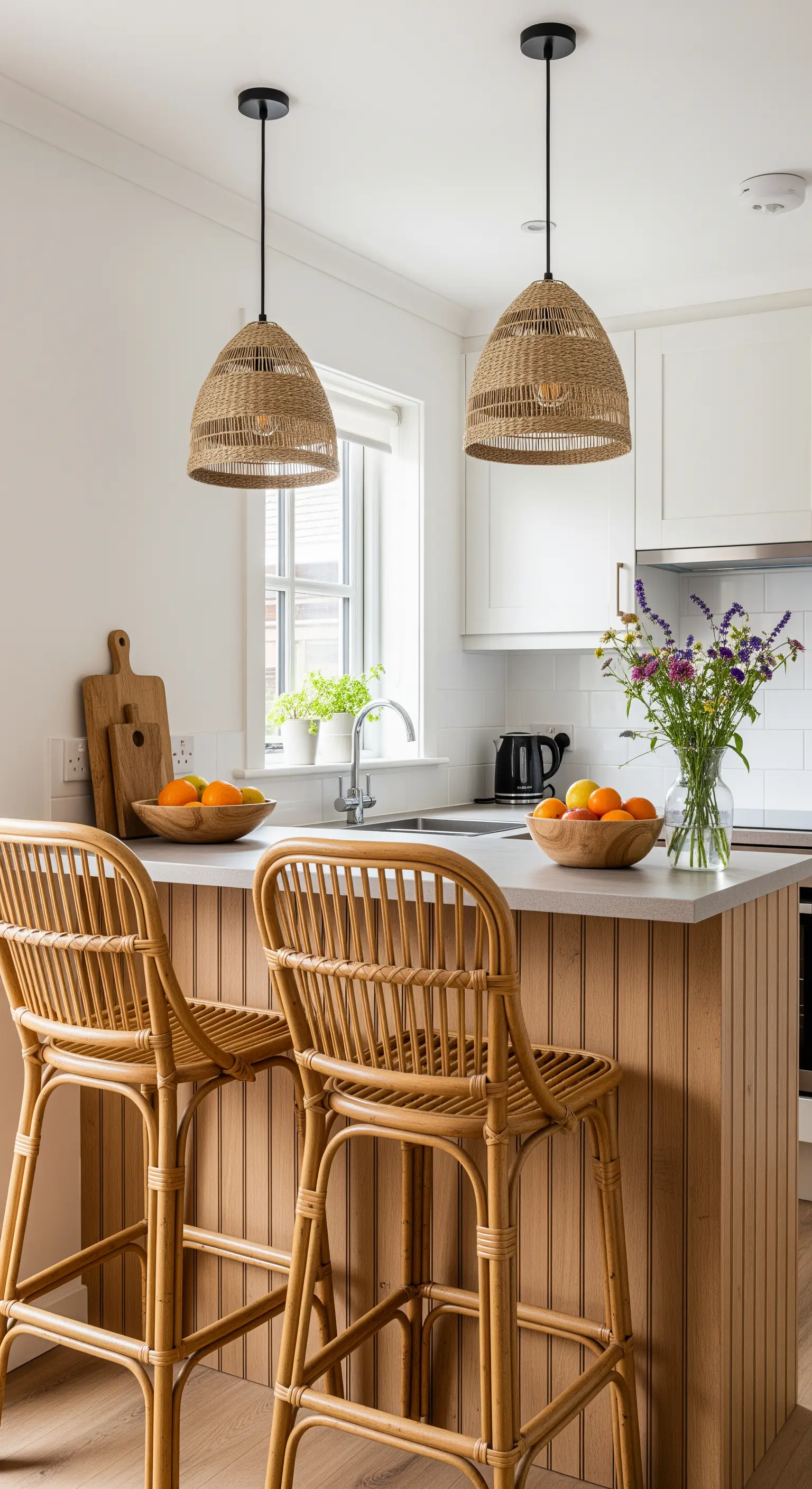 Kücheninsel mit Holzverkleidung und Rattan-Barhockern