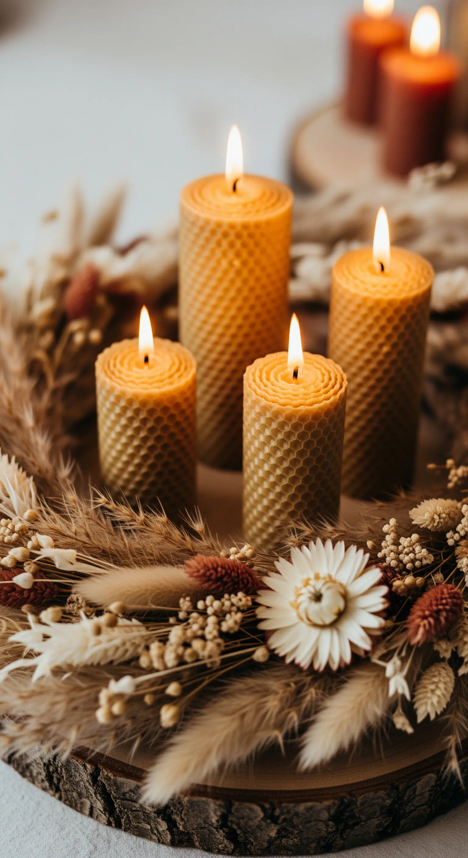 Bienenwachskerzen mit Wabenmuster inmitten eines Trockenblumenkranzes