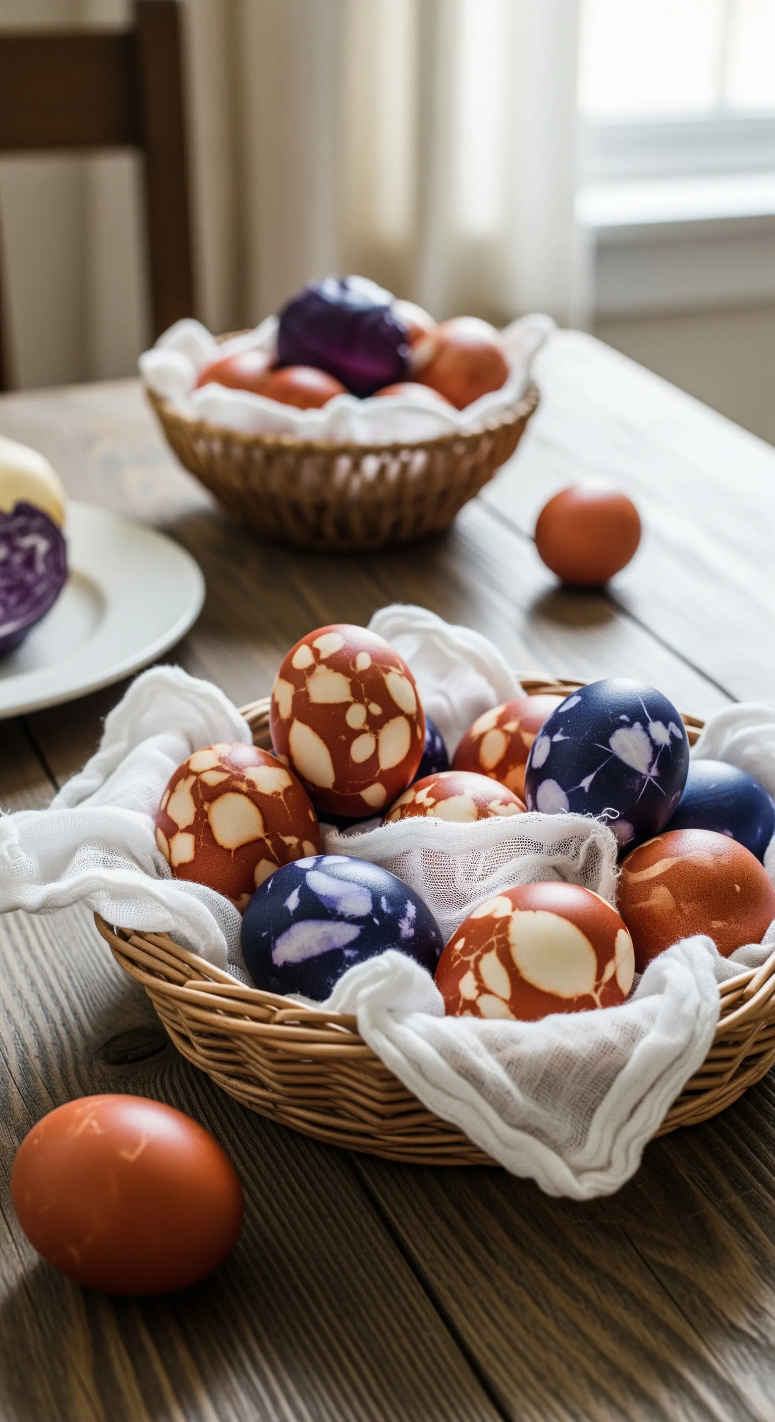 Natürlich gefärbte braune Eier mit hellem Blattmuster im Korb