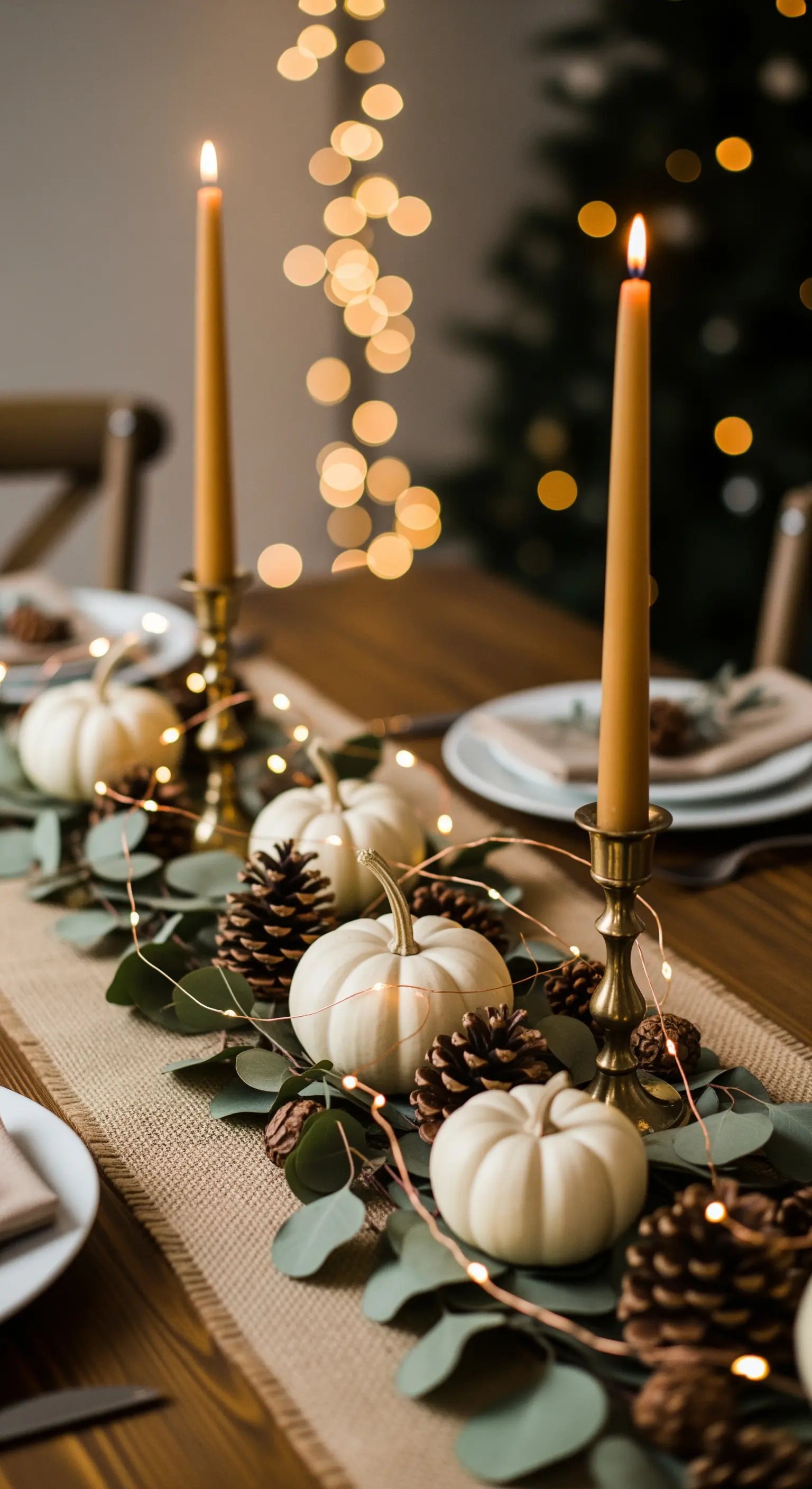 Esstischdeko mit weißen Kürbissen, Eukalyptus, Stabkerzen und Lichterkette auf Juteläufer