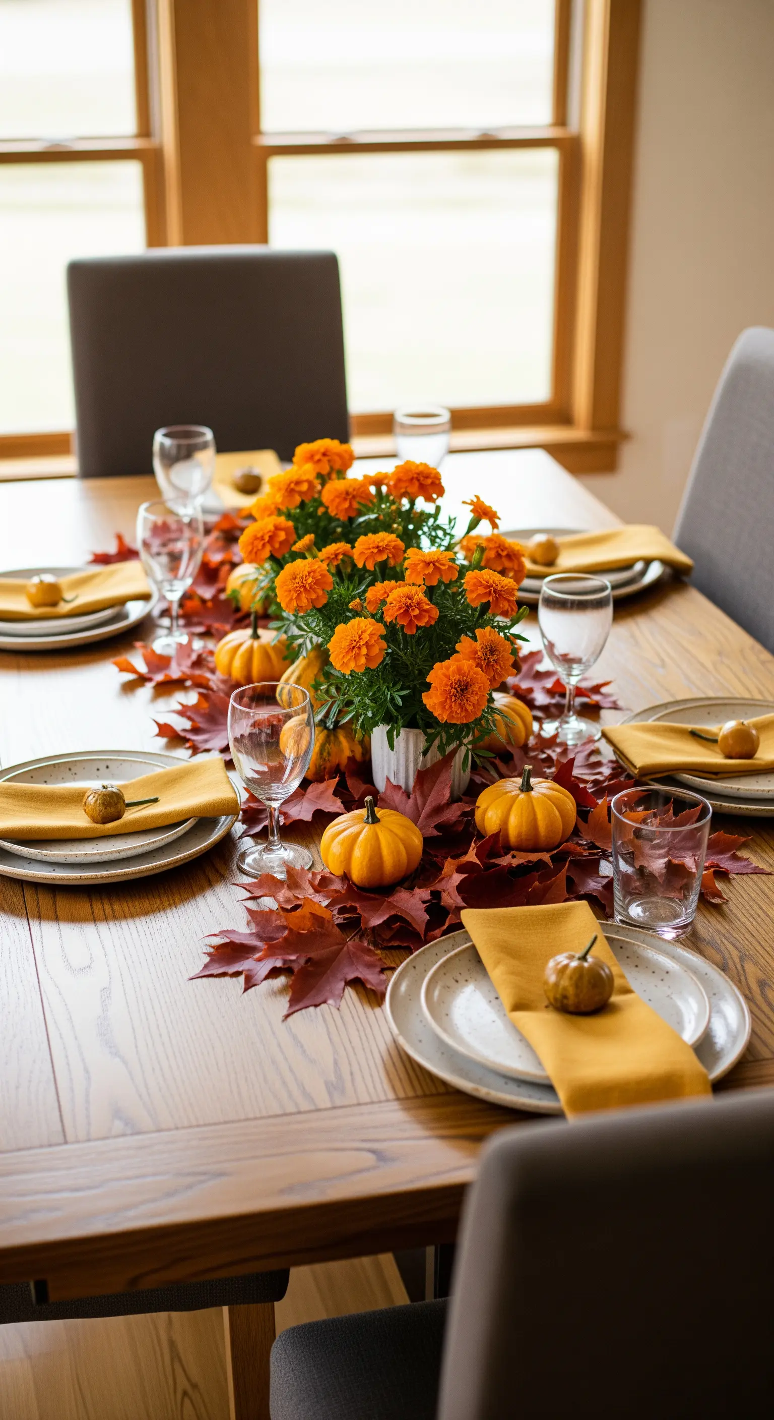 Herbstliche Tischmitte mit Ringelblumen und kleinen Kürbissen auf Holz