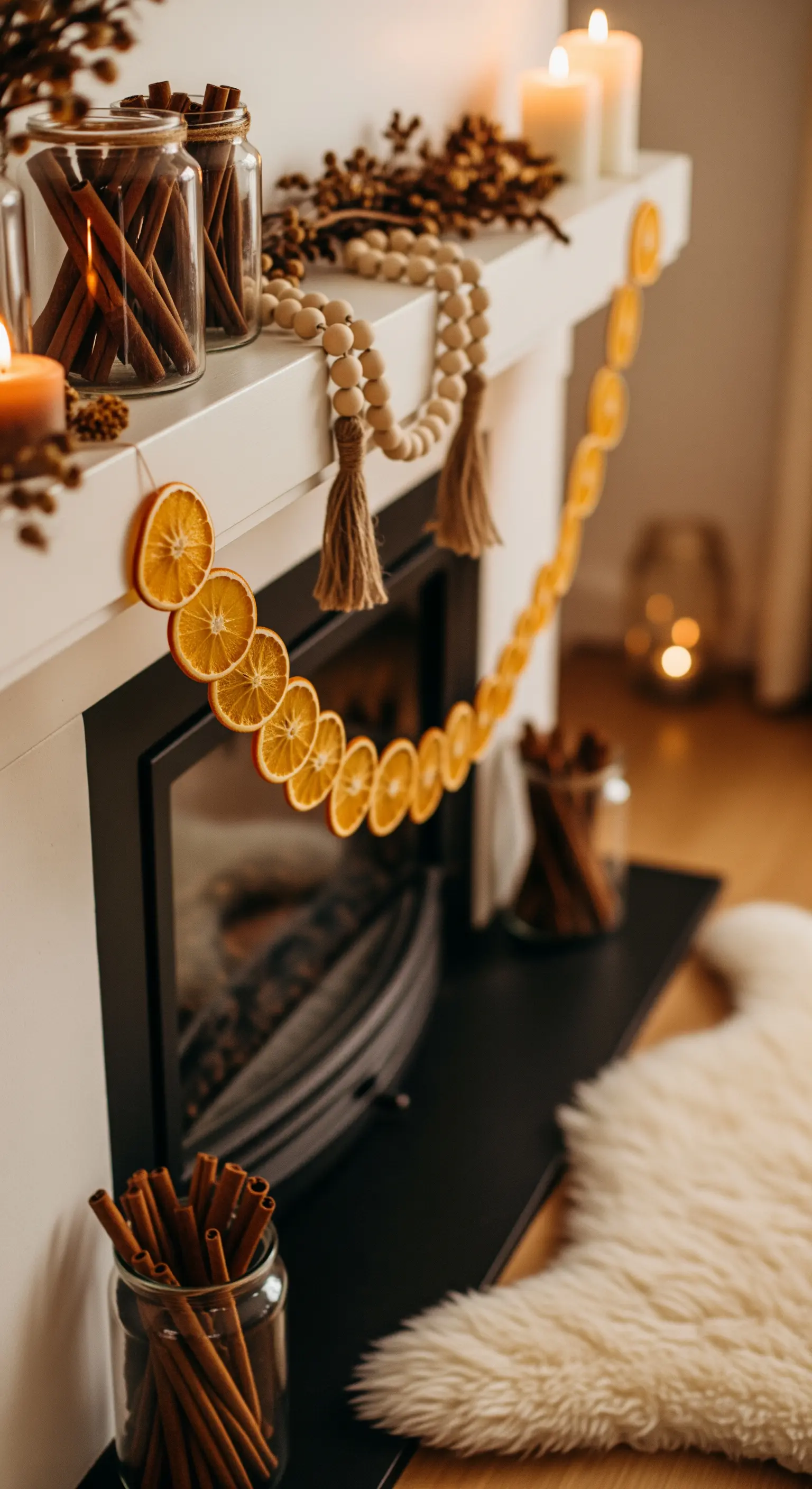 Orangenscheiben-Girlande und Zimtstangen am Kamin