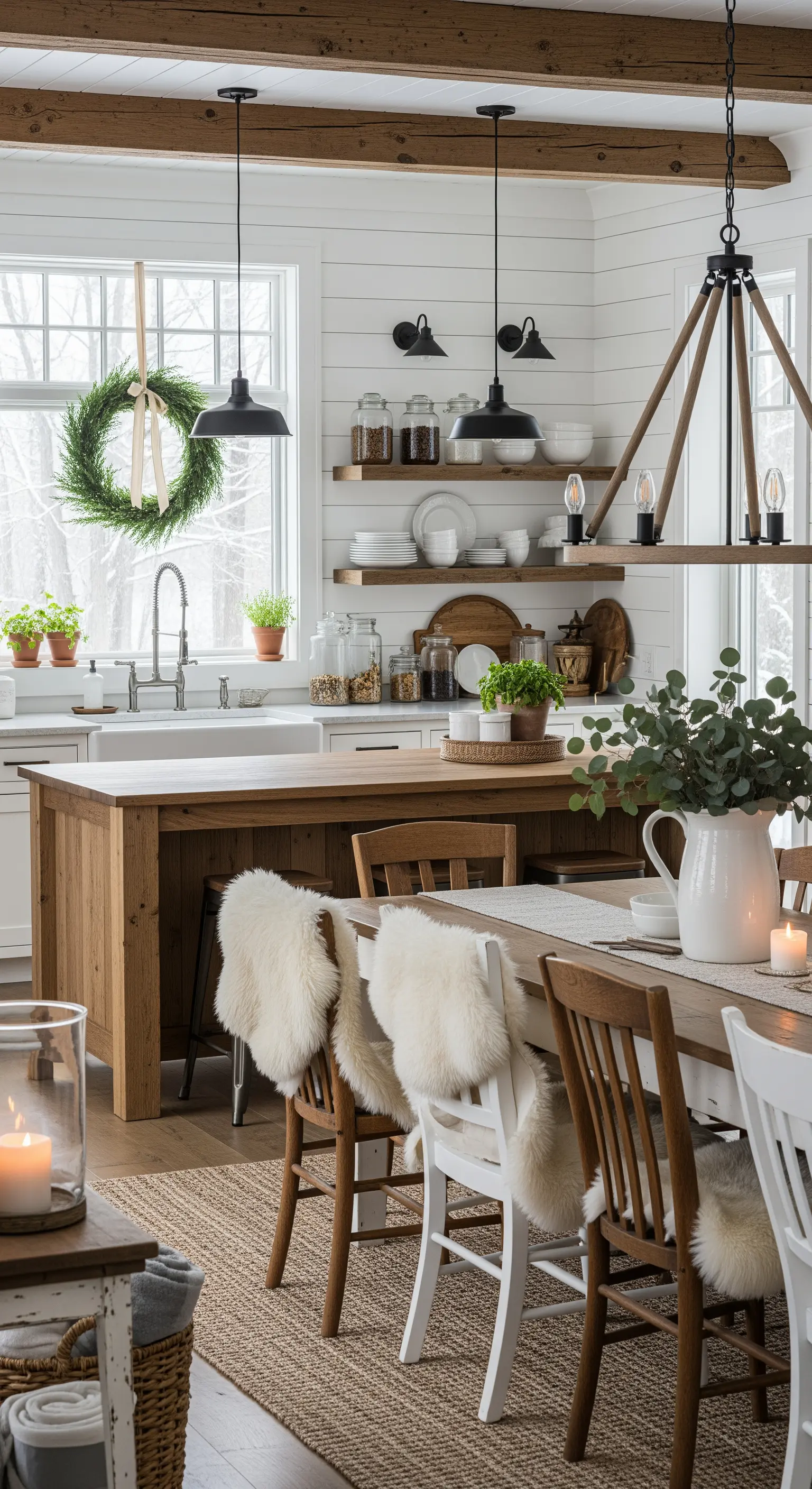 Weiße Landhausküche mit großem grünem Fensterkranz