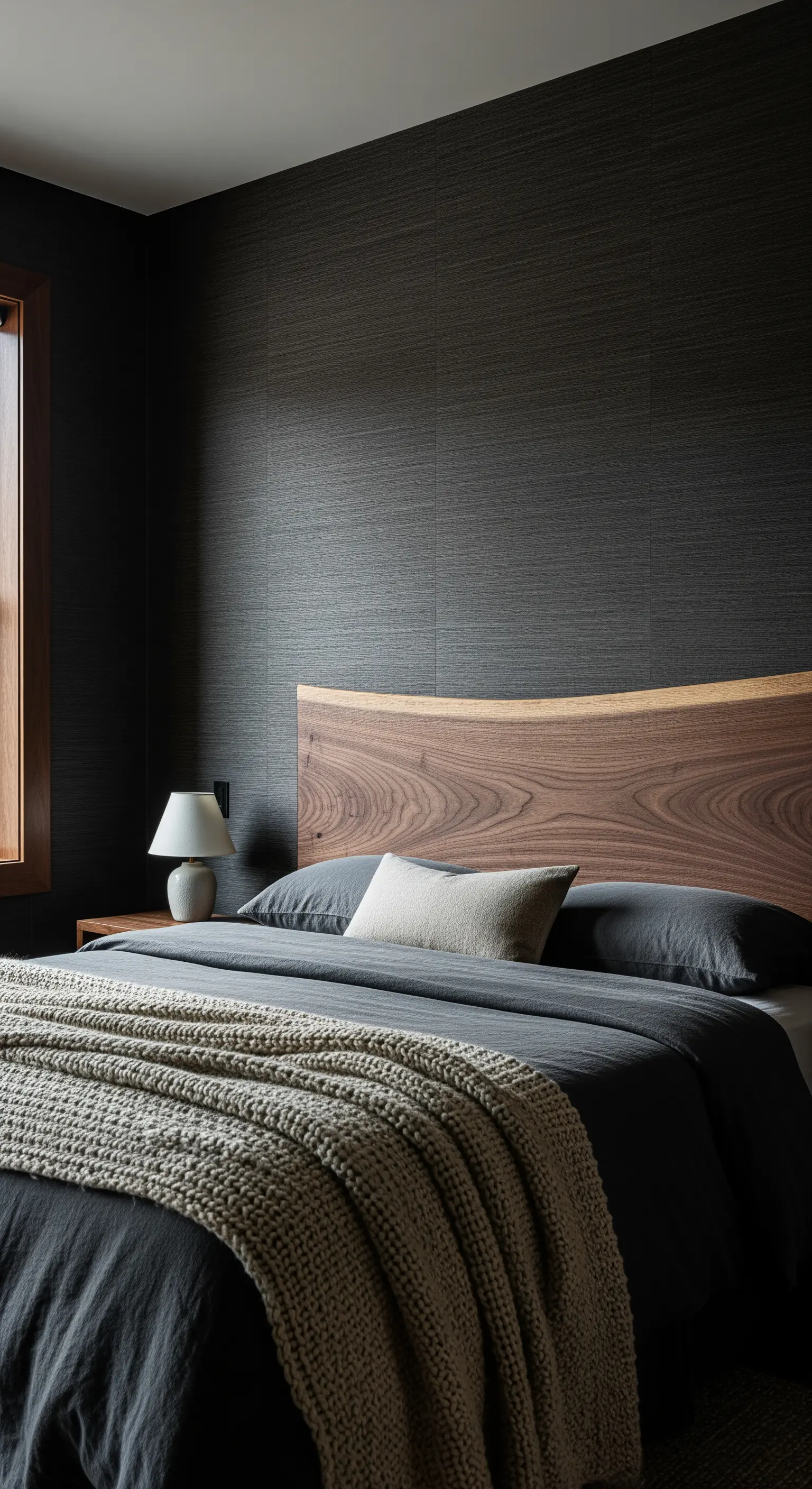 Schlafzimmer mit dunkler Strukturtapete und Holzkopfteil