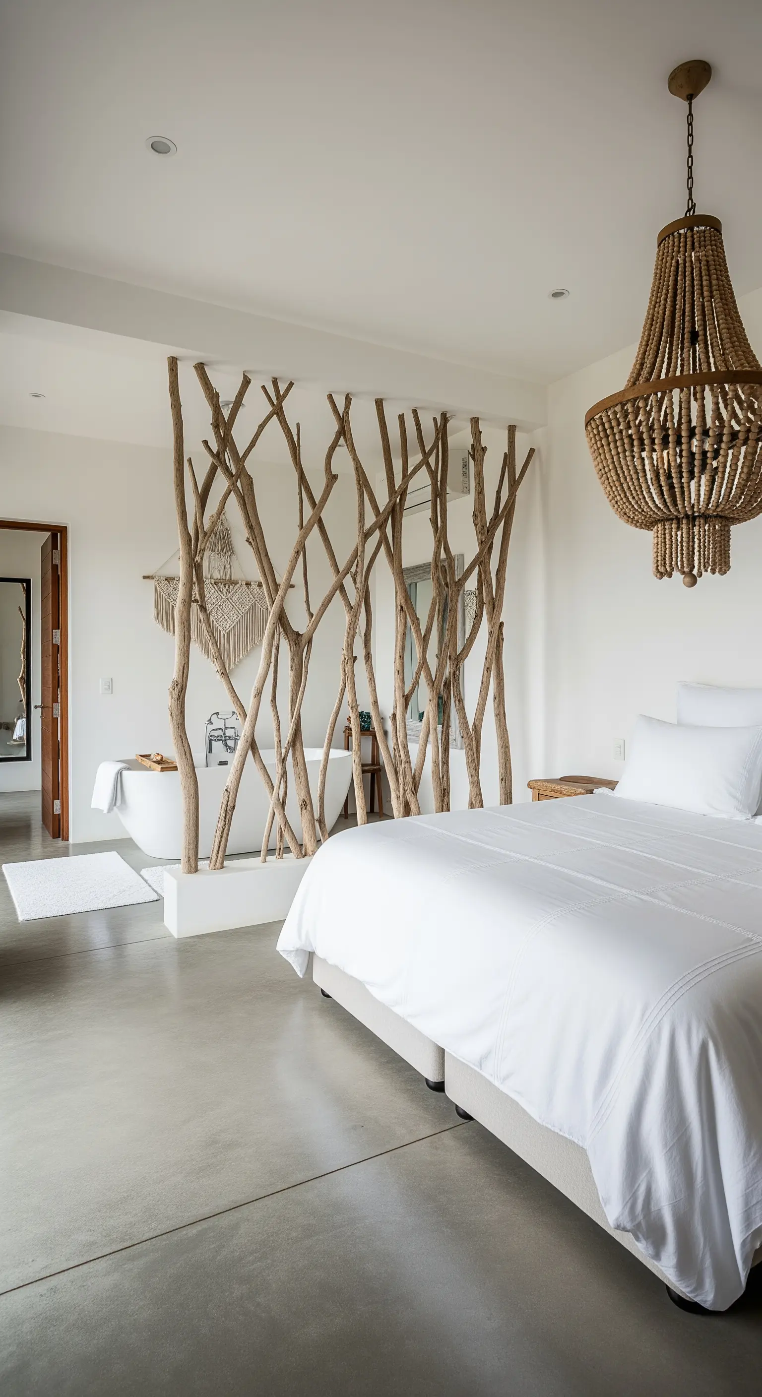 Schlafzimmer mit Raumtrenner aus Naturästen zum Bad