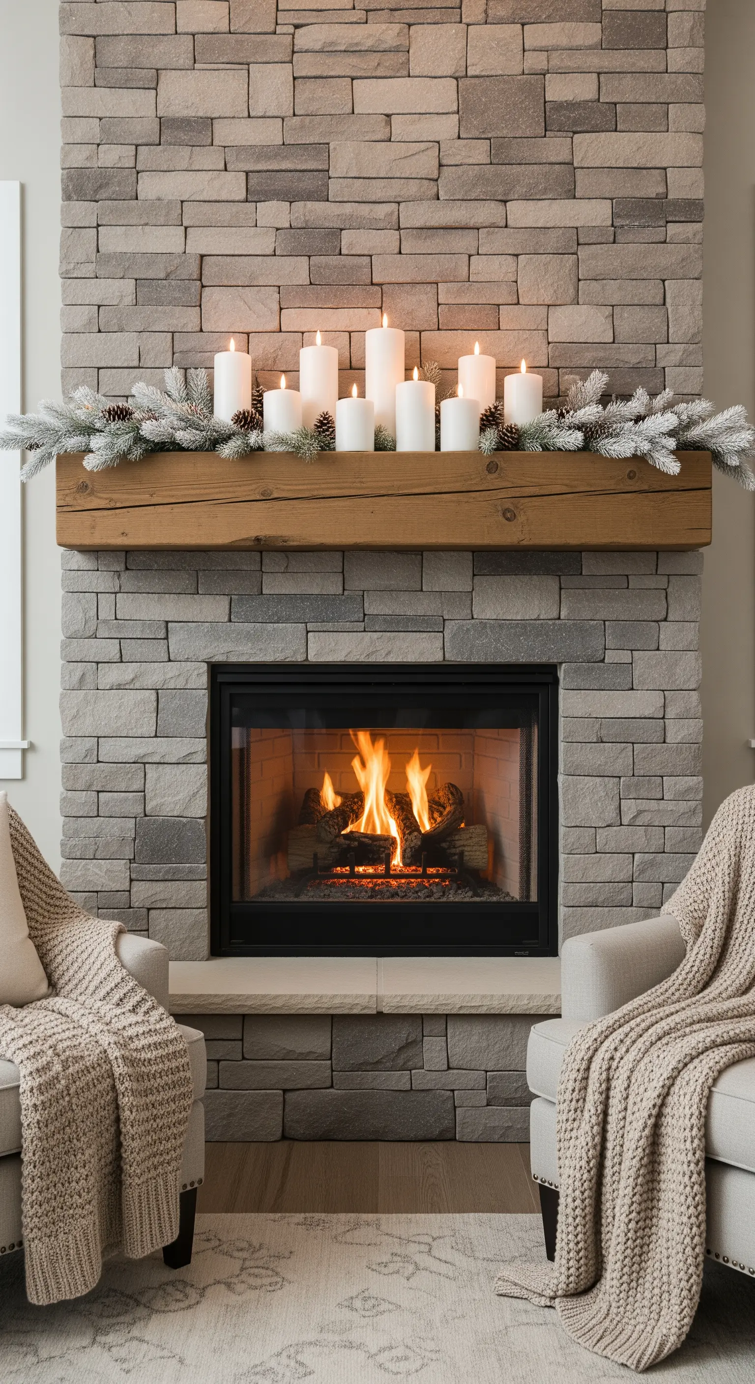 Rustikaler Stein-Kamin mit weißen Kerzen