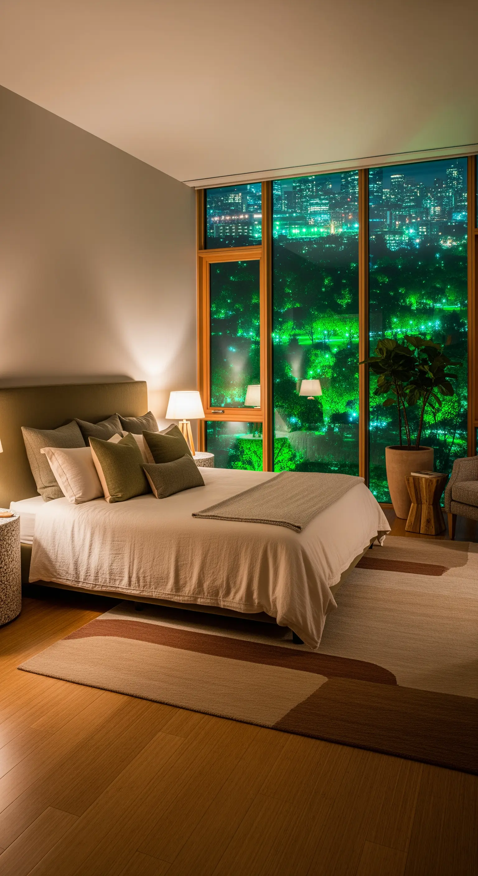 Schlafzimmer mit Blick auf nächtlichen Park, eingerichtet in Erdtönen