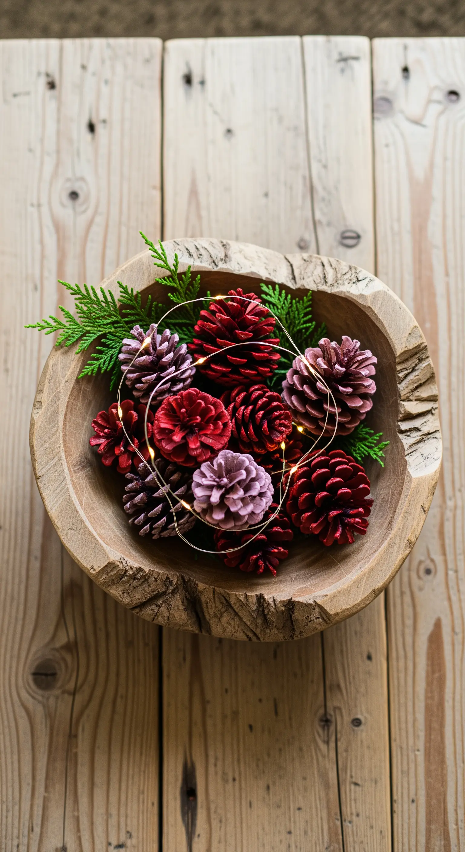 Holzschale gefüllt mit bemalten Zapfen, Grün und Lichtern