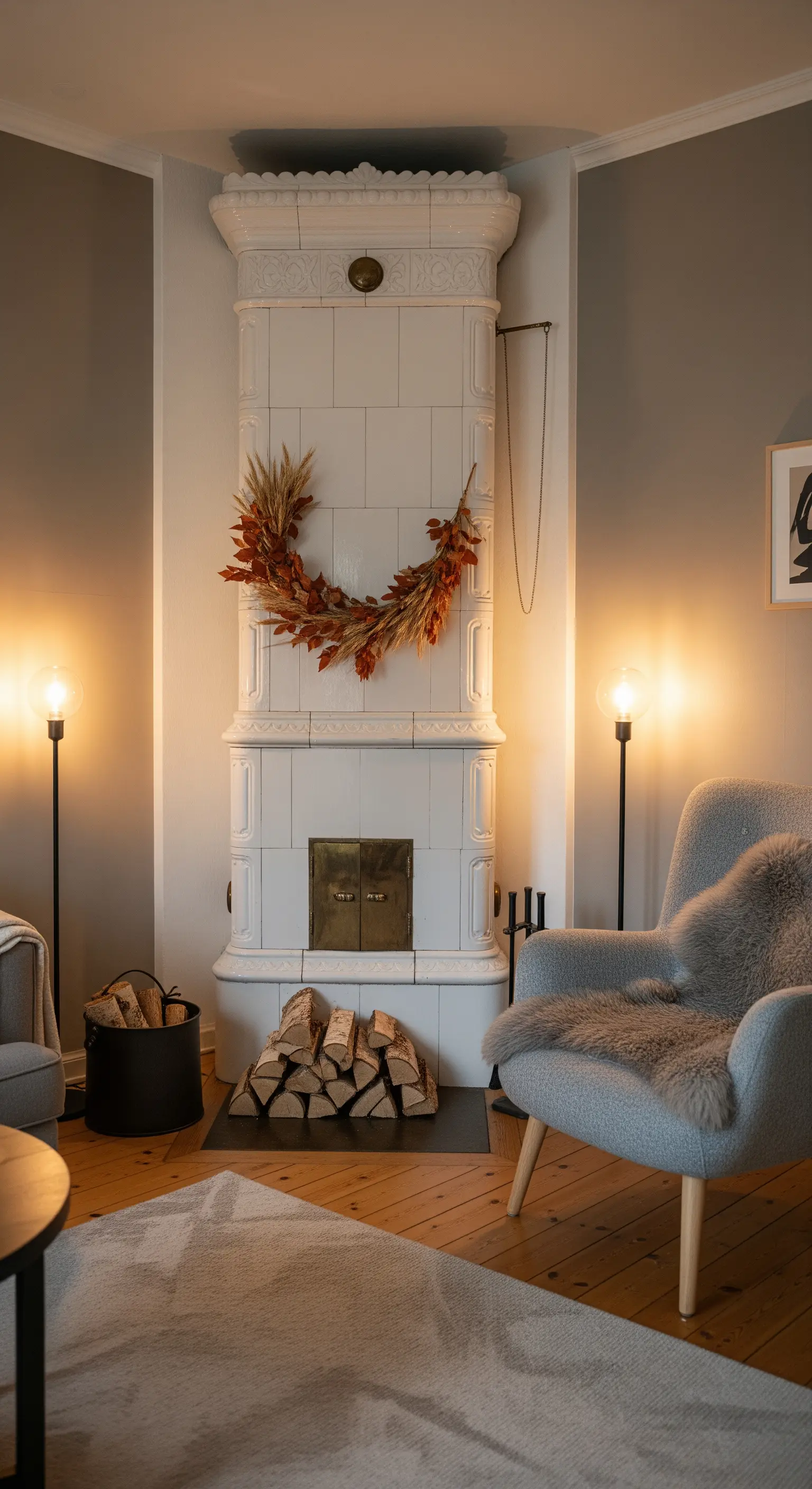 Halber Trockenblumenkranz an weißem skandinavischen Kachelofen