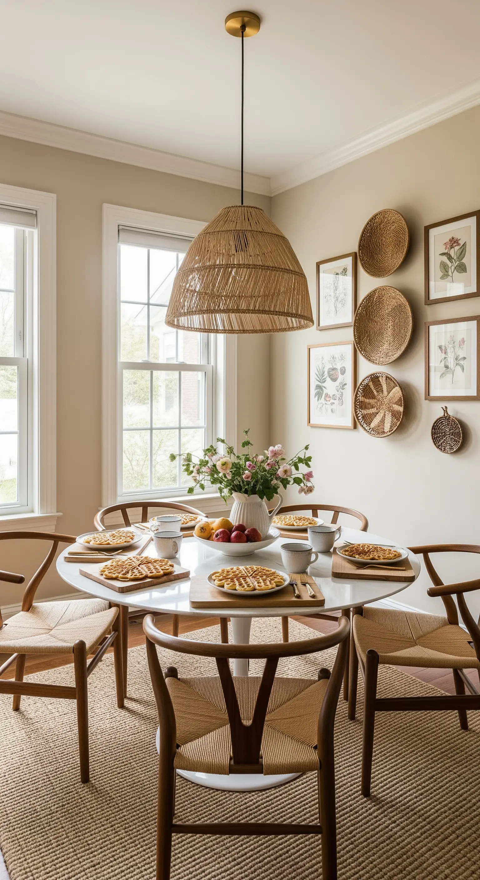 Runder Esstisch mit Rattanlampe und Wandkörben