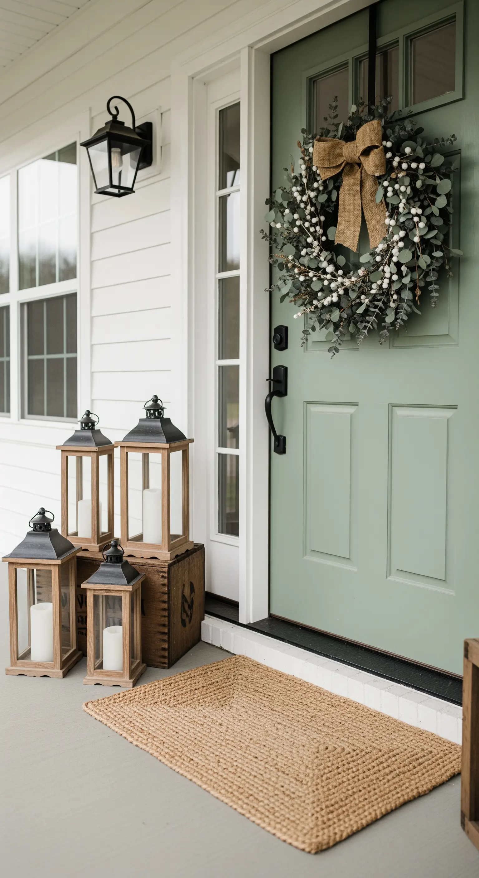 Grüne Tür mit Eukalyptuskranz und Juteschleife