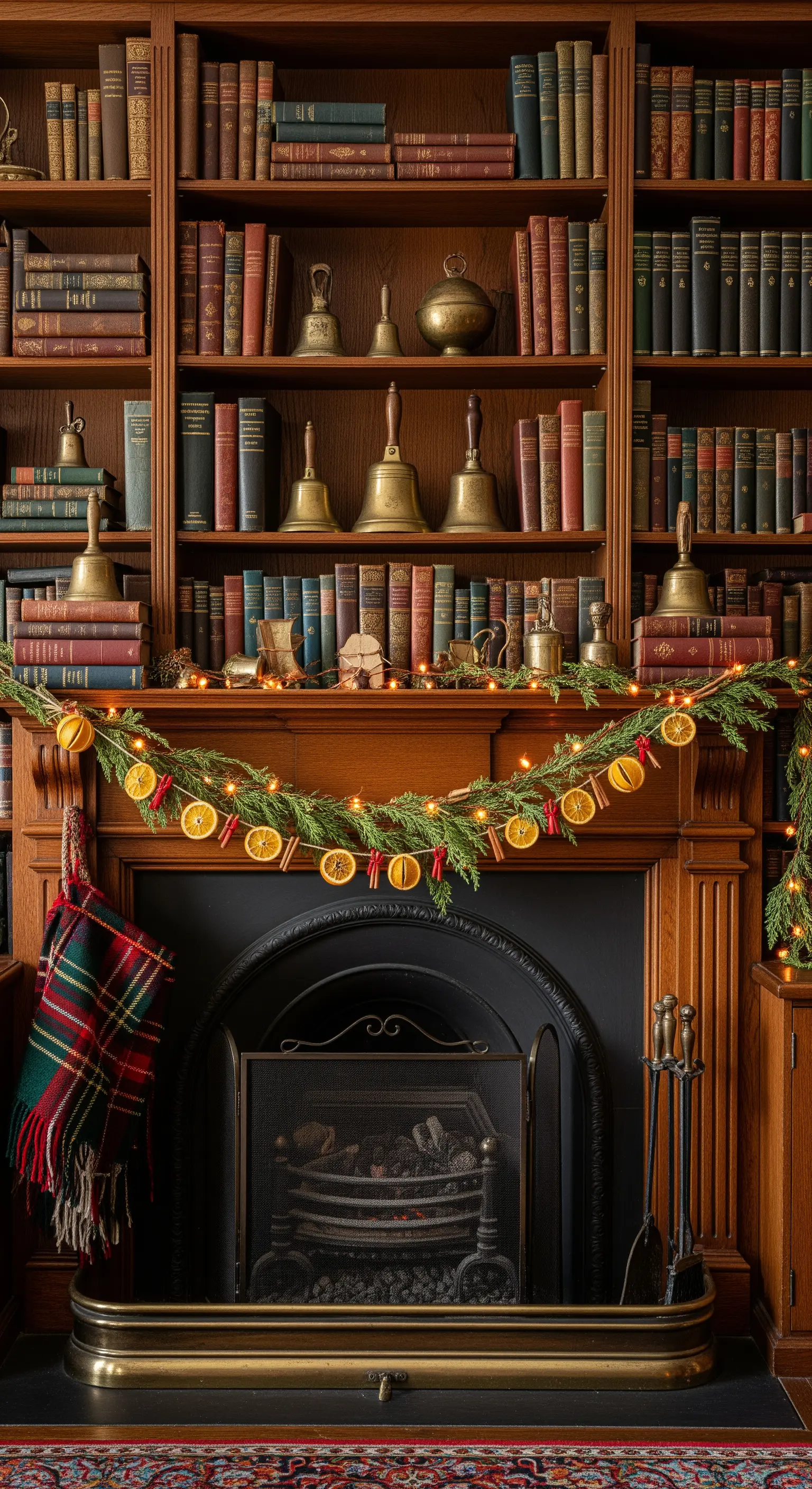 Bibliotheks-Kamin mit Orangenscheiben-Girlande und Büchern