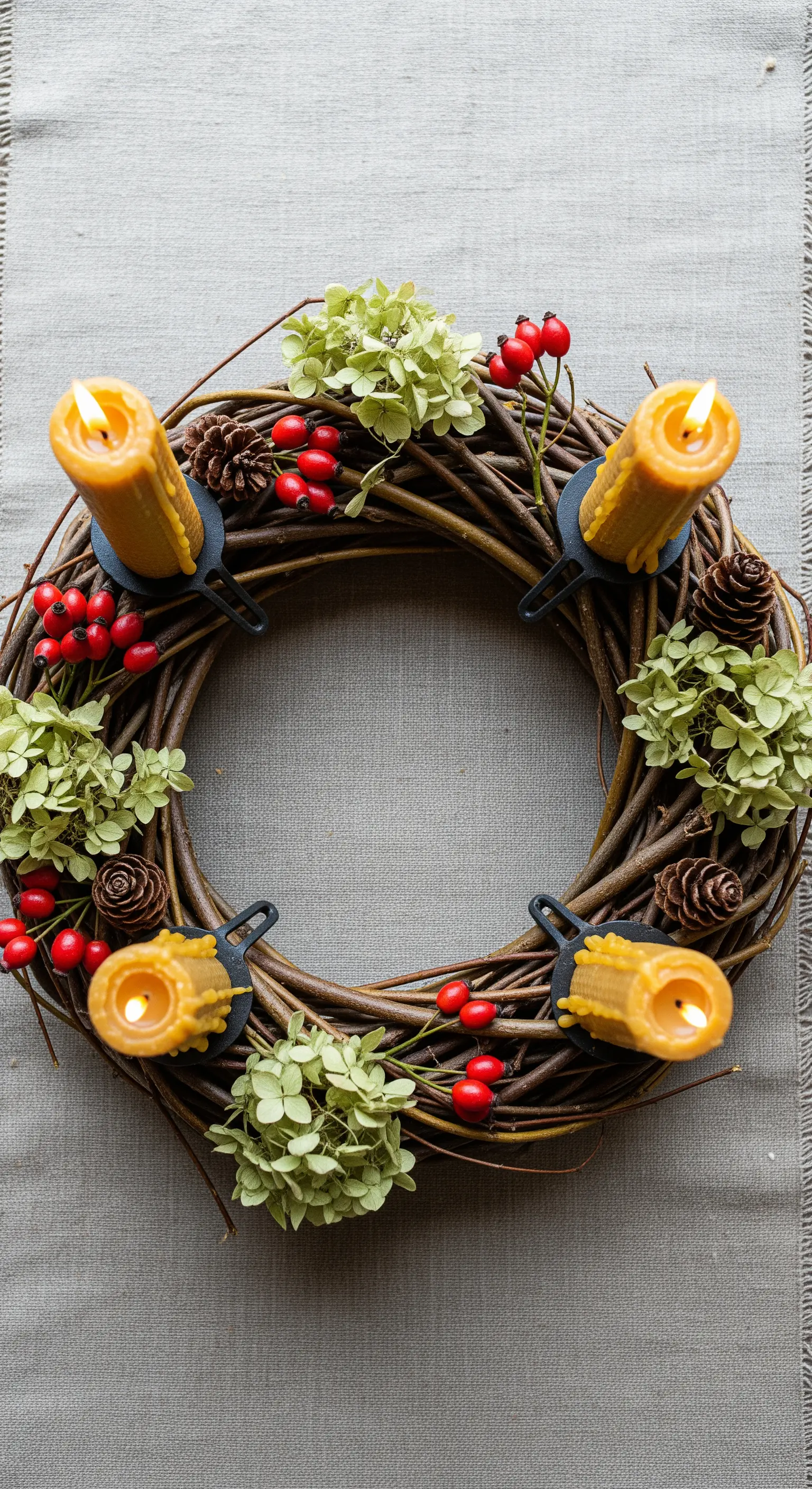 Geflochtener Weidenkranz mit gelben Bienenwachskerzen und getrockneten Hortensien