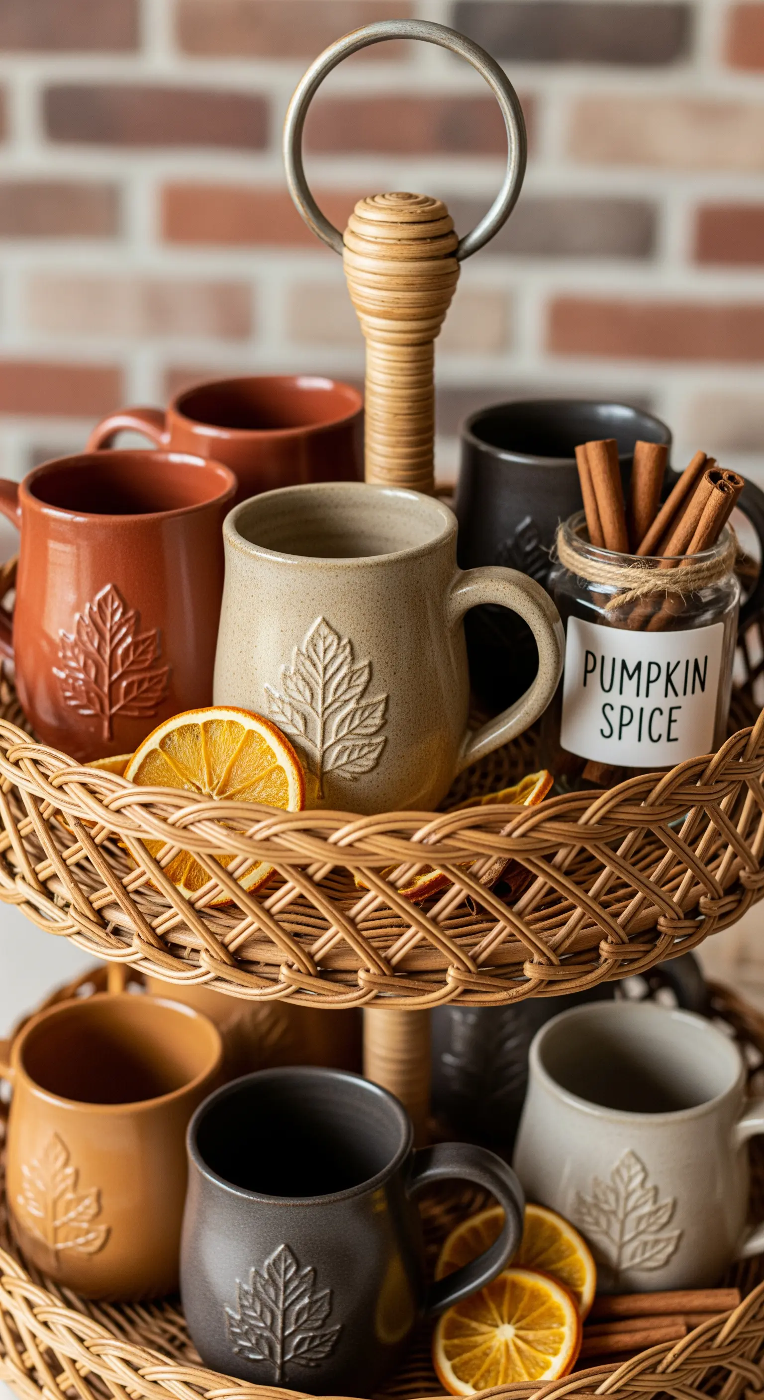 Rattan-Etagere mit braunen und beigen Tassen, Zimt und Orangenscheiben