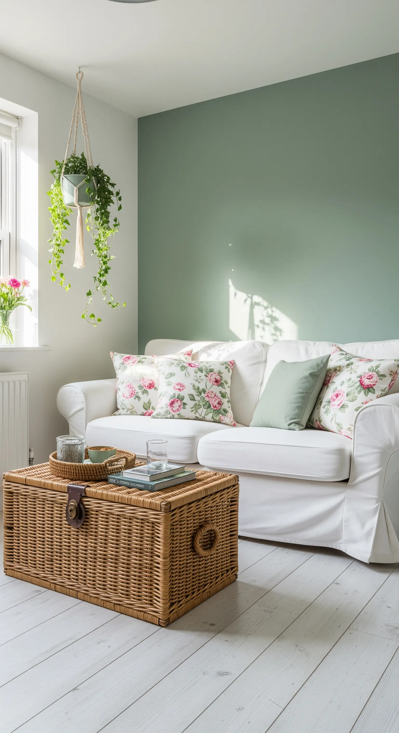 Weißes Sofa vor grüner Wand mit Rattan-Truhe als Tisch