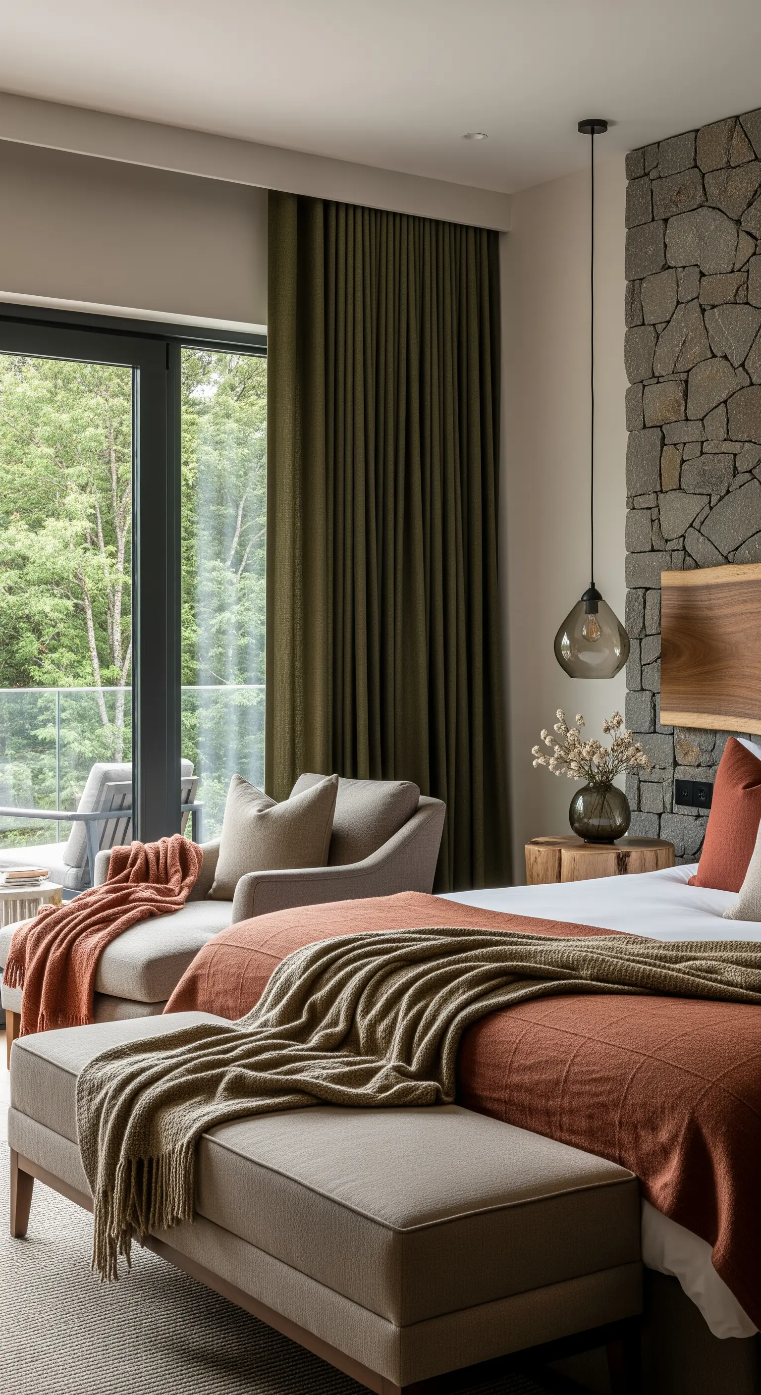 Olivgrüne Vorhänge neben rustikaler Steinwand