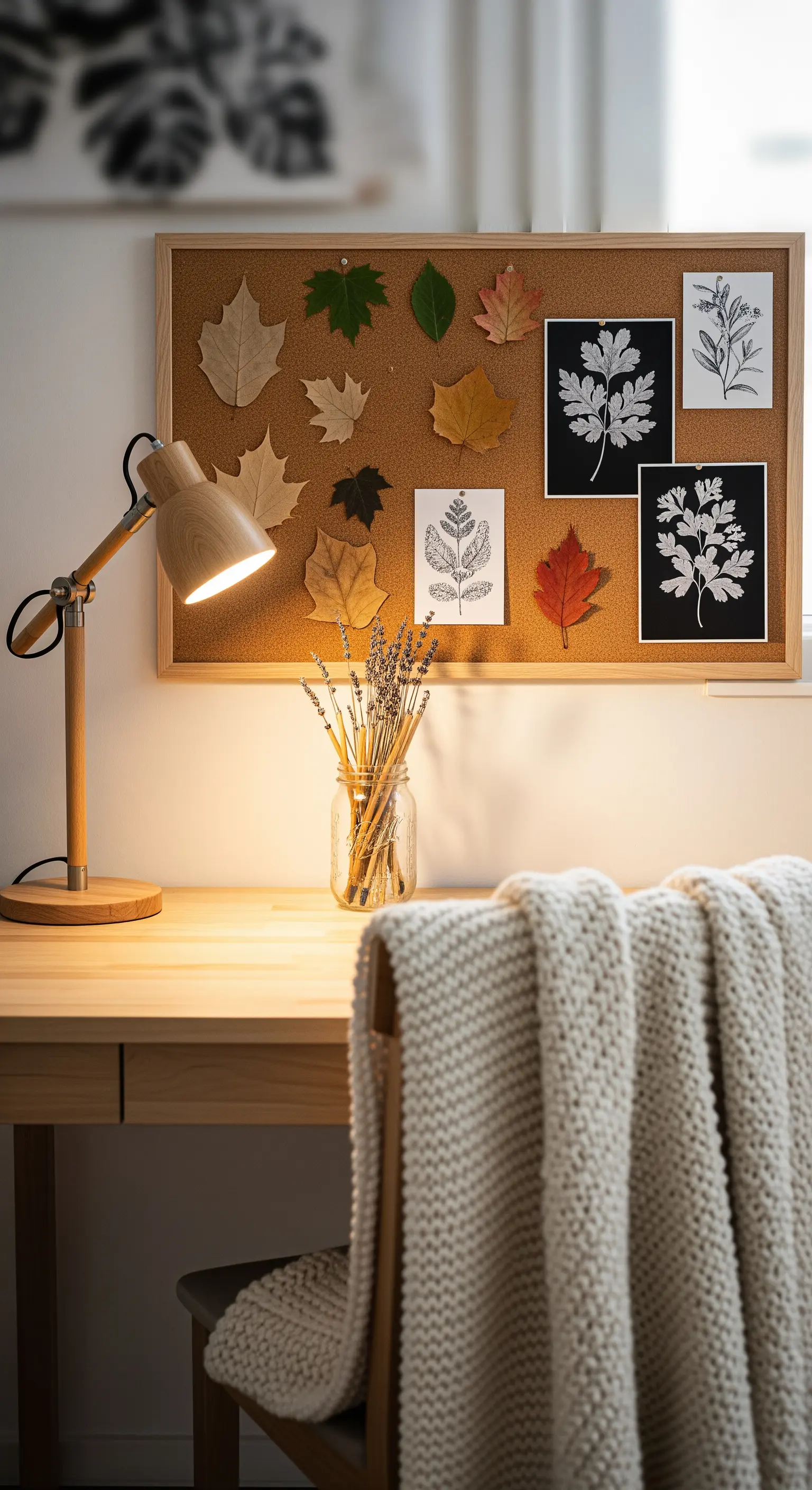 Schreibtisch mit Korkwand voller gepresster Blätter und Lavendelstrauß