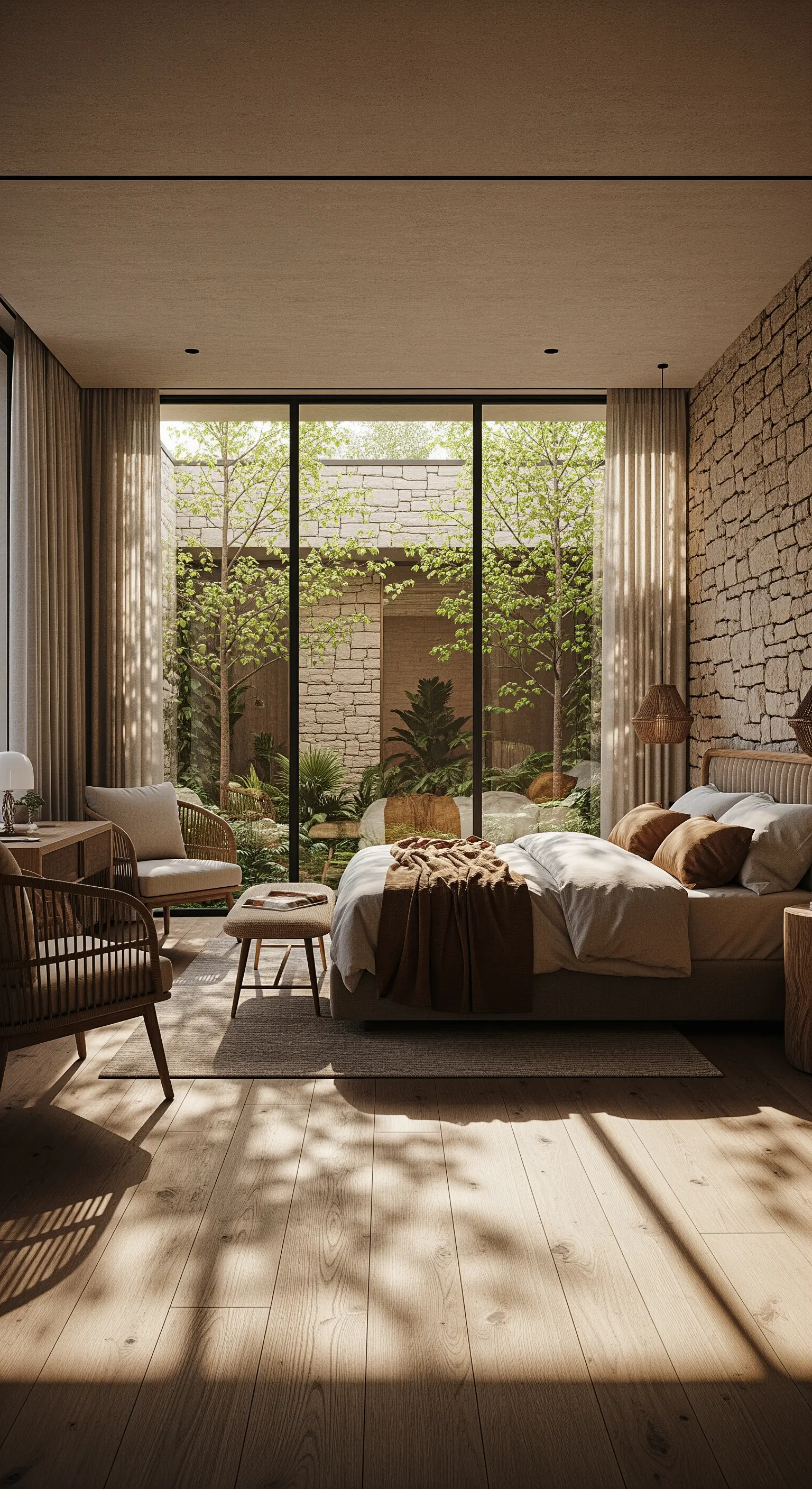 Schlafzimmer mit Steinwand und bodentiefer Verglasung zum Gartenhof