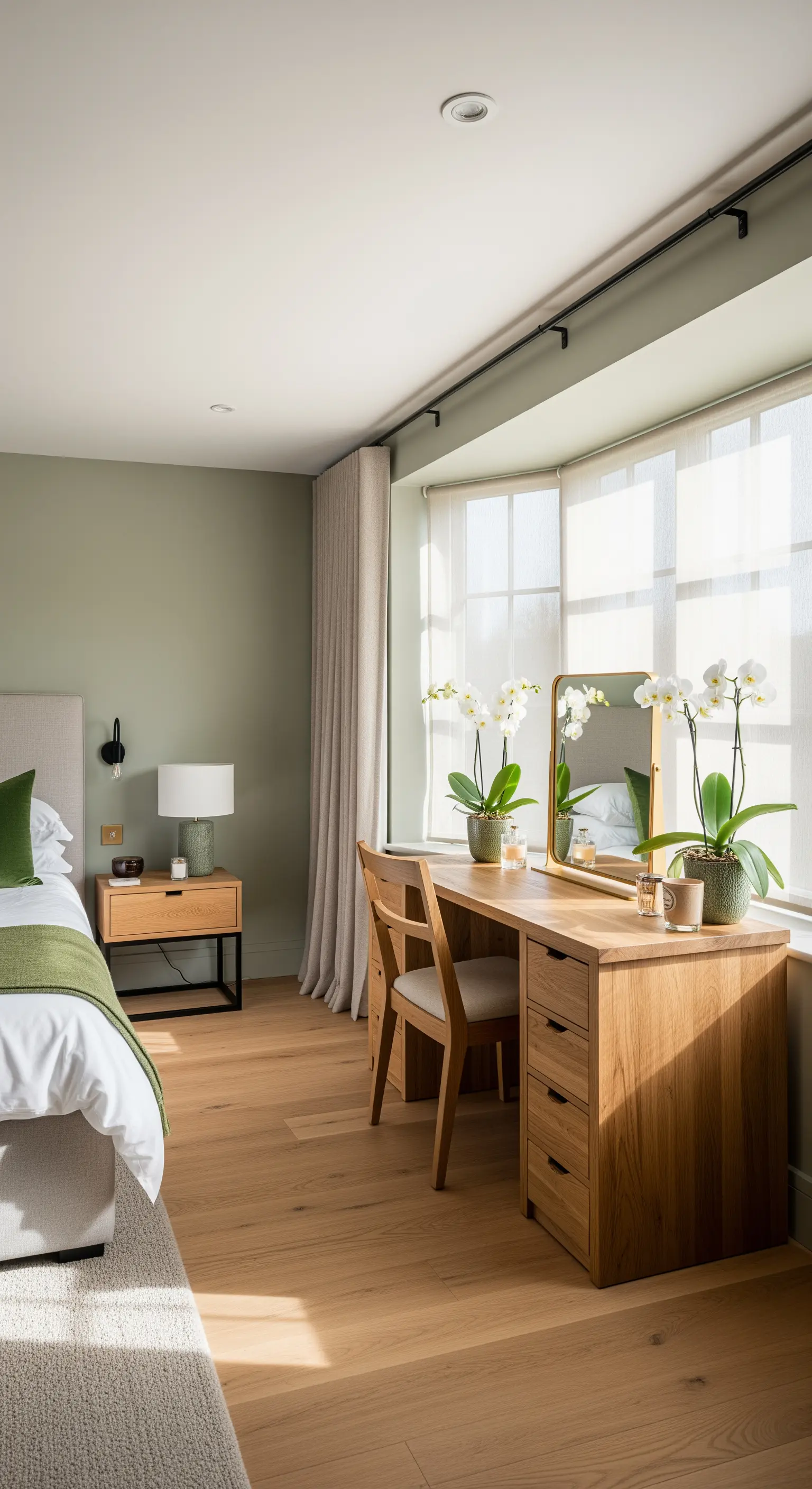 Holzschminktisch in grüner Fensternische mit Orchideen