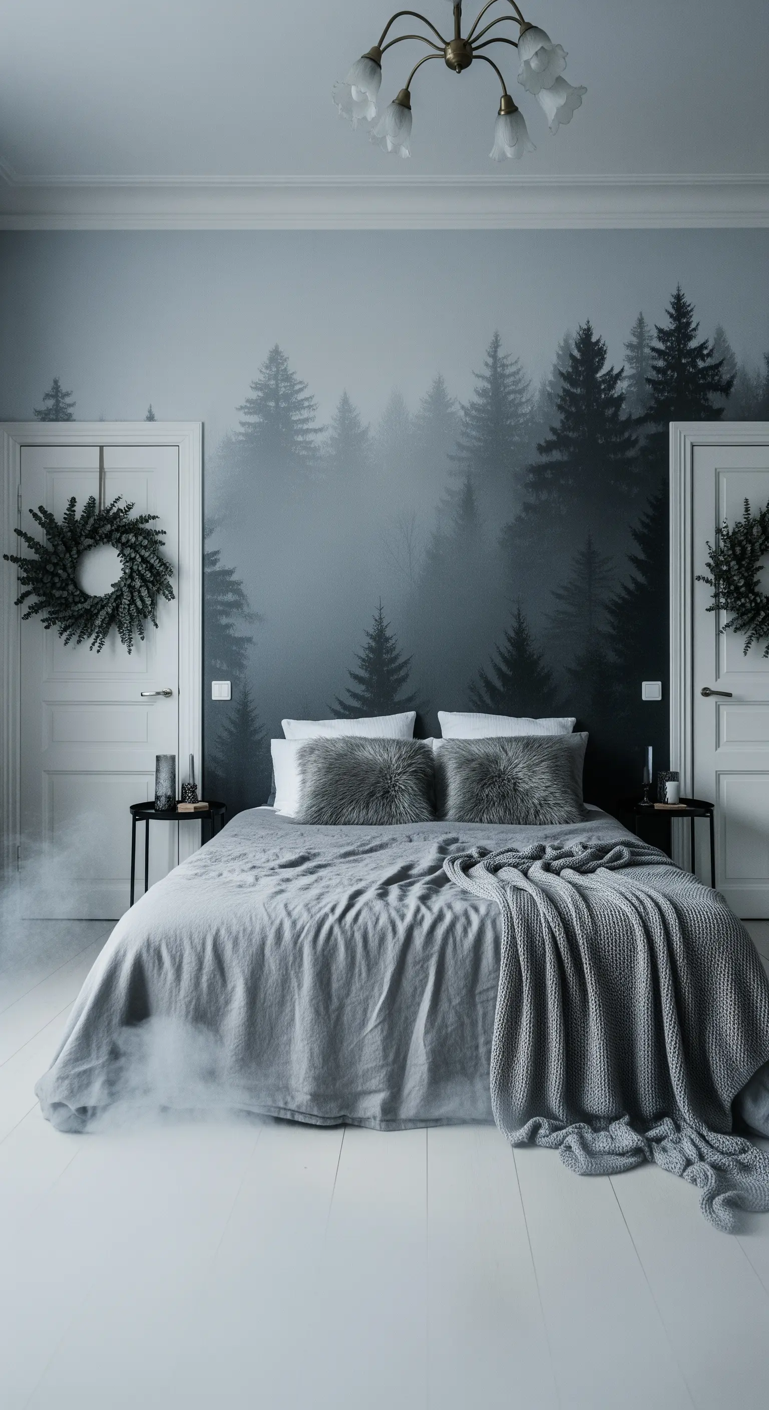 Schlafzimmer mit nebliger Wald-Fototapete und grauer Bettwäsche